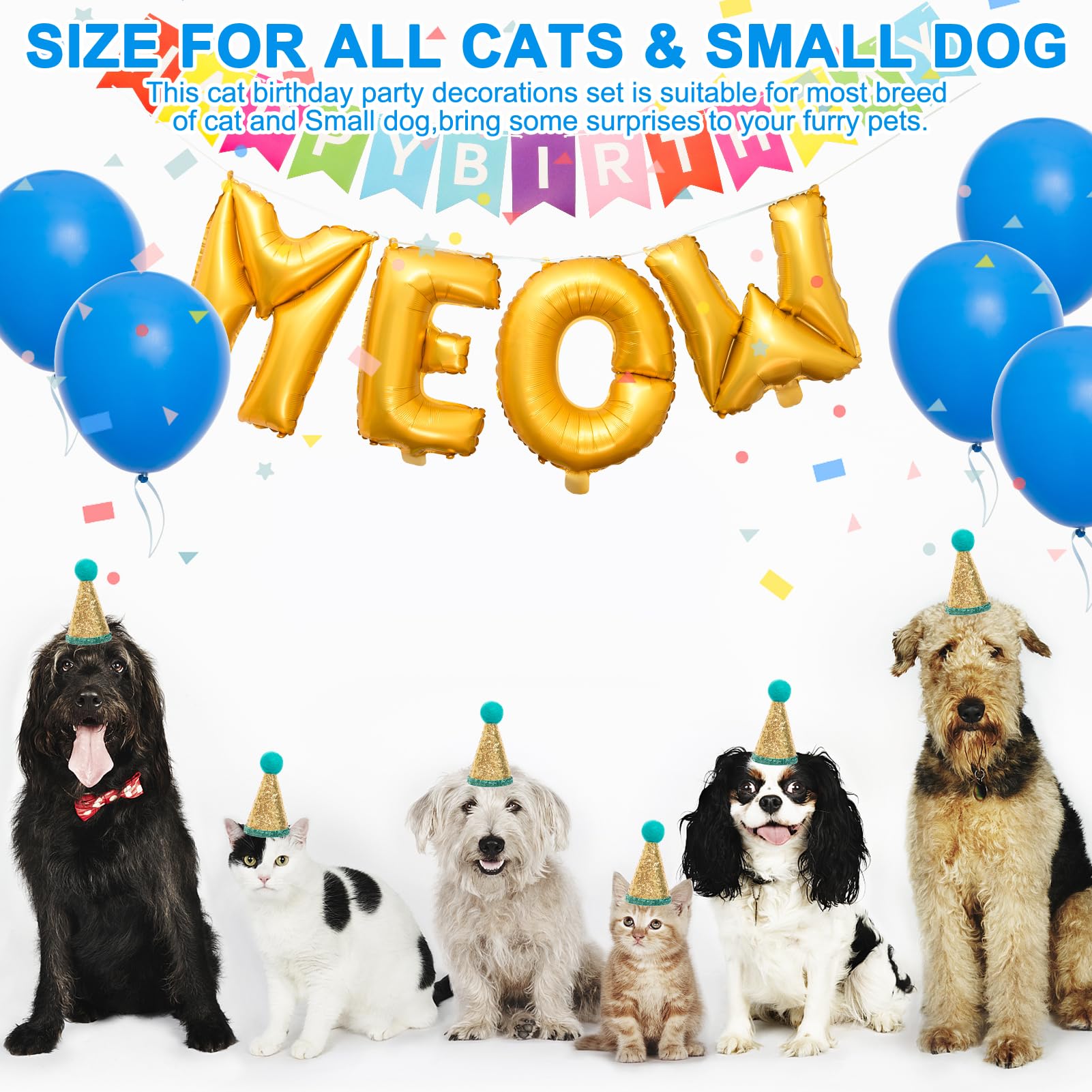 BINGPET Cat Birthday Party Decorations Kit - Includes Cute Cat Birthday Hat, MEOW Balloons, Happy Birthday Banner, Ribbons for Cats, Kittens & Small Dogs | Perfect for Kitty Birthday Celebrations & Pet Adoption Parties