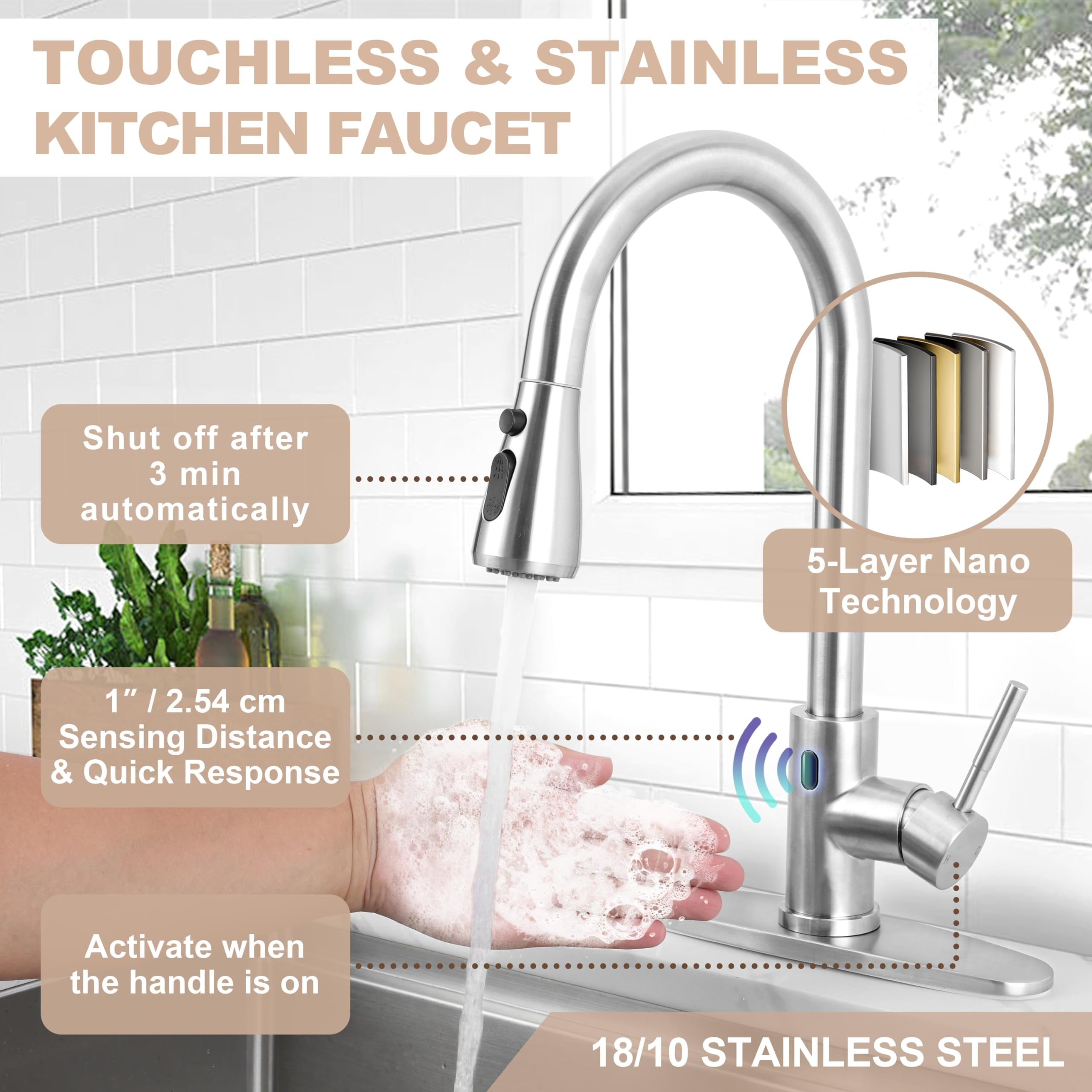 Herogo Touchless Kitchen Faucet with Motion Sensor & Pull Down Sprayer - Brushed Nickel Stainless Steel Smart Activated Sink Faucet with Soap Dispenser - Ideal for Farmhouse, RV, and Modern Kitchens (Easy Installation & Water Saving)