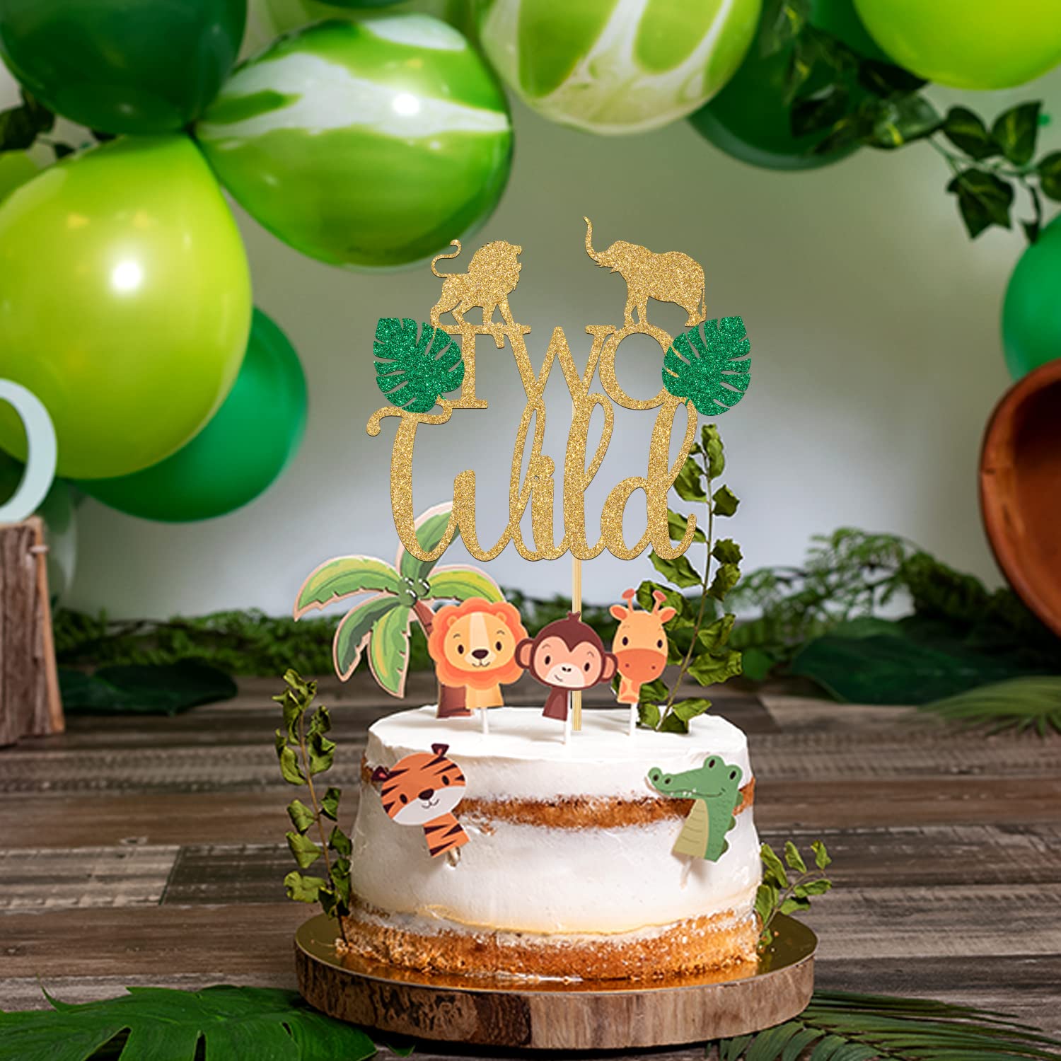 Gold Glitter 'Born Two Be Wild' Cake Topper - Jungle Animal Themed 2nd Birthday Party Decorations | Happy 2nd Birthday Cake Decor for Wild One Celebrations, Baby Showers & Safari Theme Parties