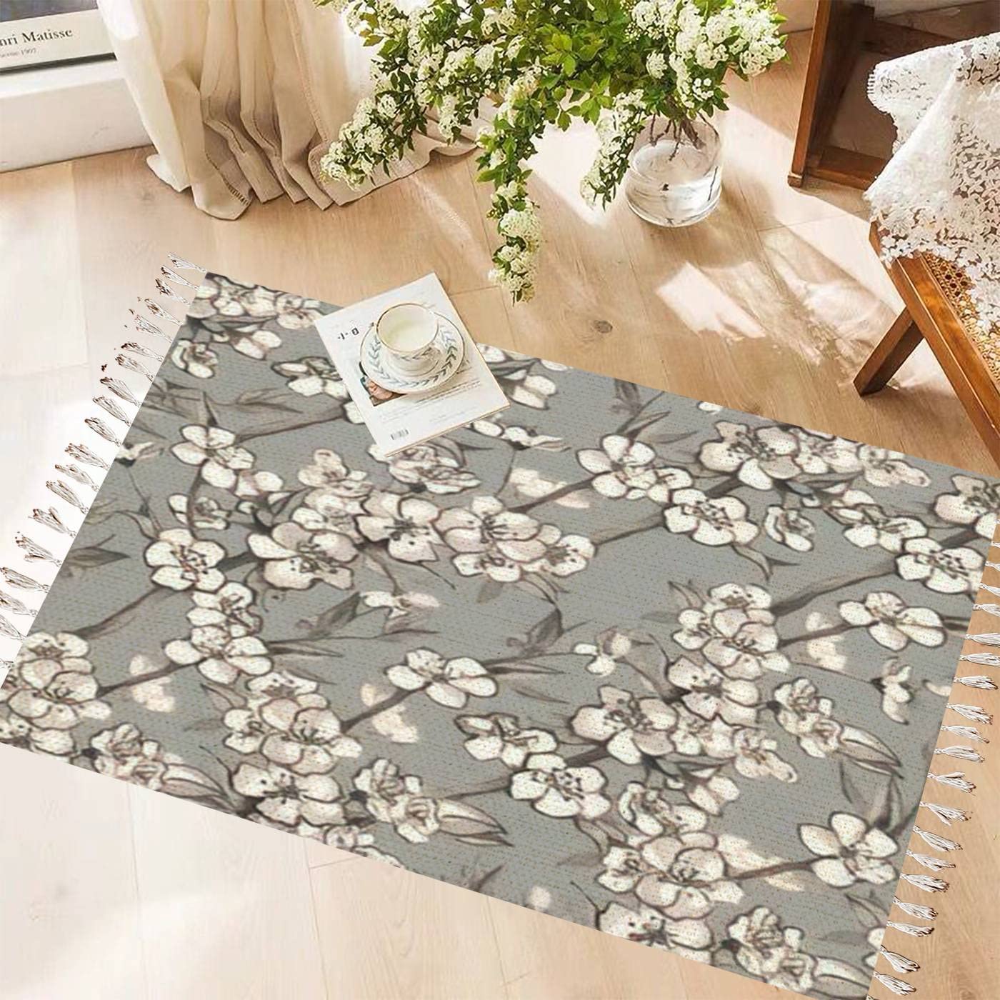 Vintage Cotton & Linen Tassel Rug with Cherry Blossom Design - Washable Bohemian Area Rug for Kitchen, Bathroom, Living Room & Outdoor Decor - Black Floral Woven Runner Mat Perfect for Boho Home Style