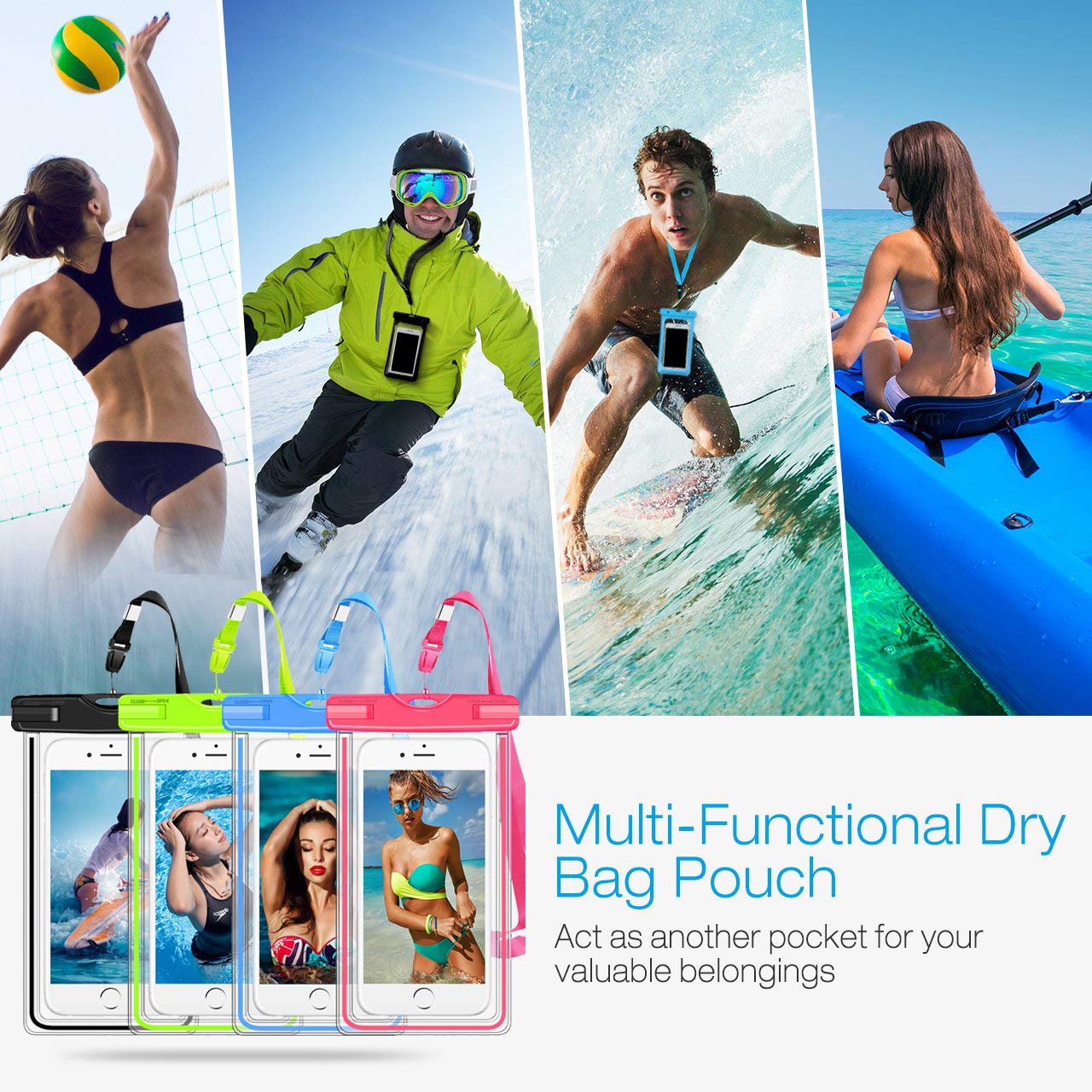 4 Pack Waterproof Phone Case for iPhone 15 14 13 12 Pro Max & Galaxy S24 S23 - Universal Waterproof Pouch Dry Bag with Neck Strap & Glow in The Dark Accessories - Perfect for Swimming, Beach, Kayaking & Outdoor Water Activities (Fits Phones up to 7.5