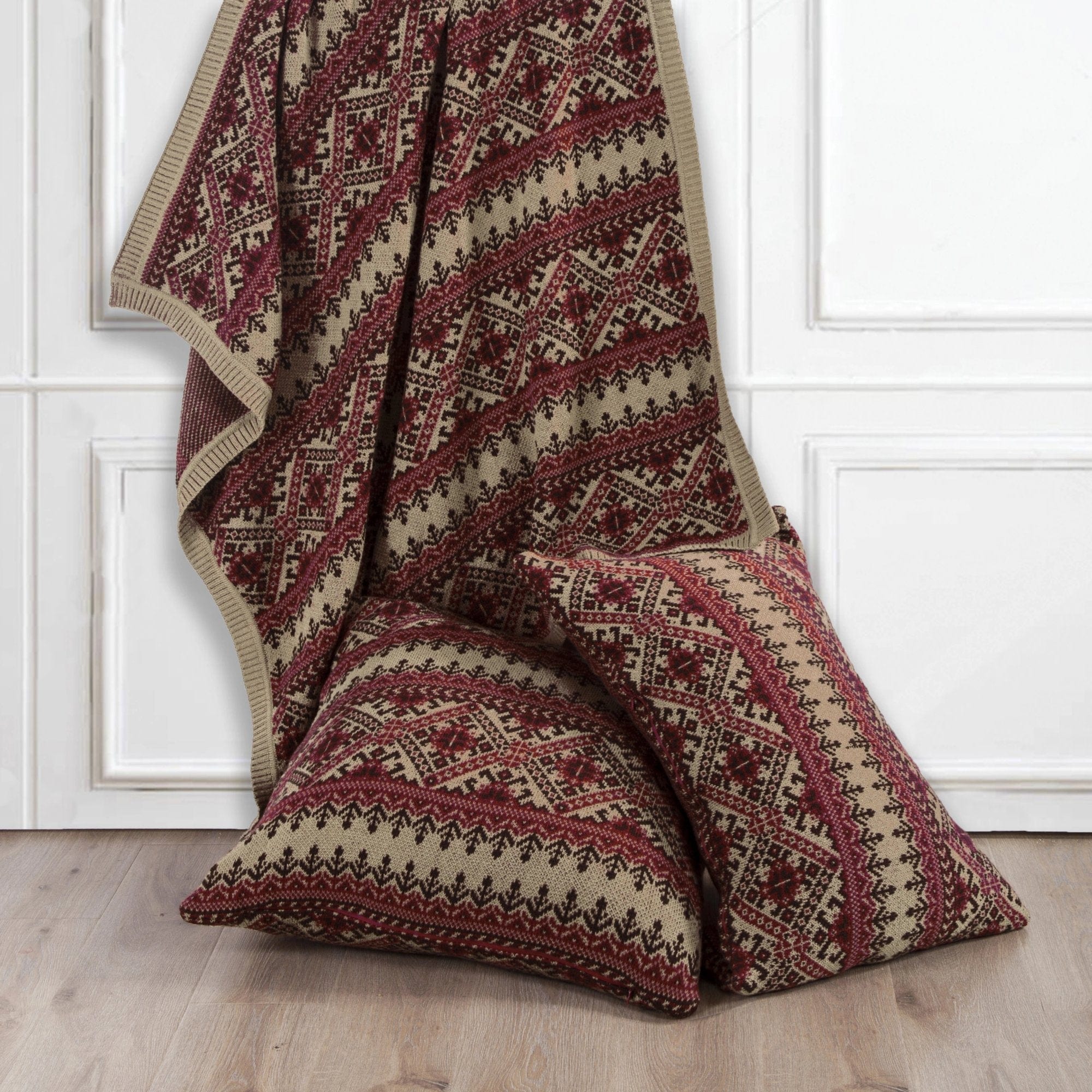Fair Isle Knit Euro Sham Pillow Cover - Red, Tan & Chocolate - Cozy Winter Home Decor for Bedroom & Living Room