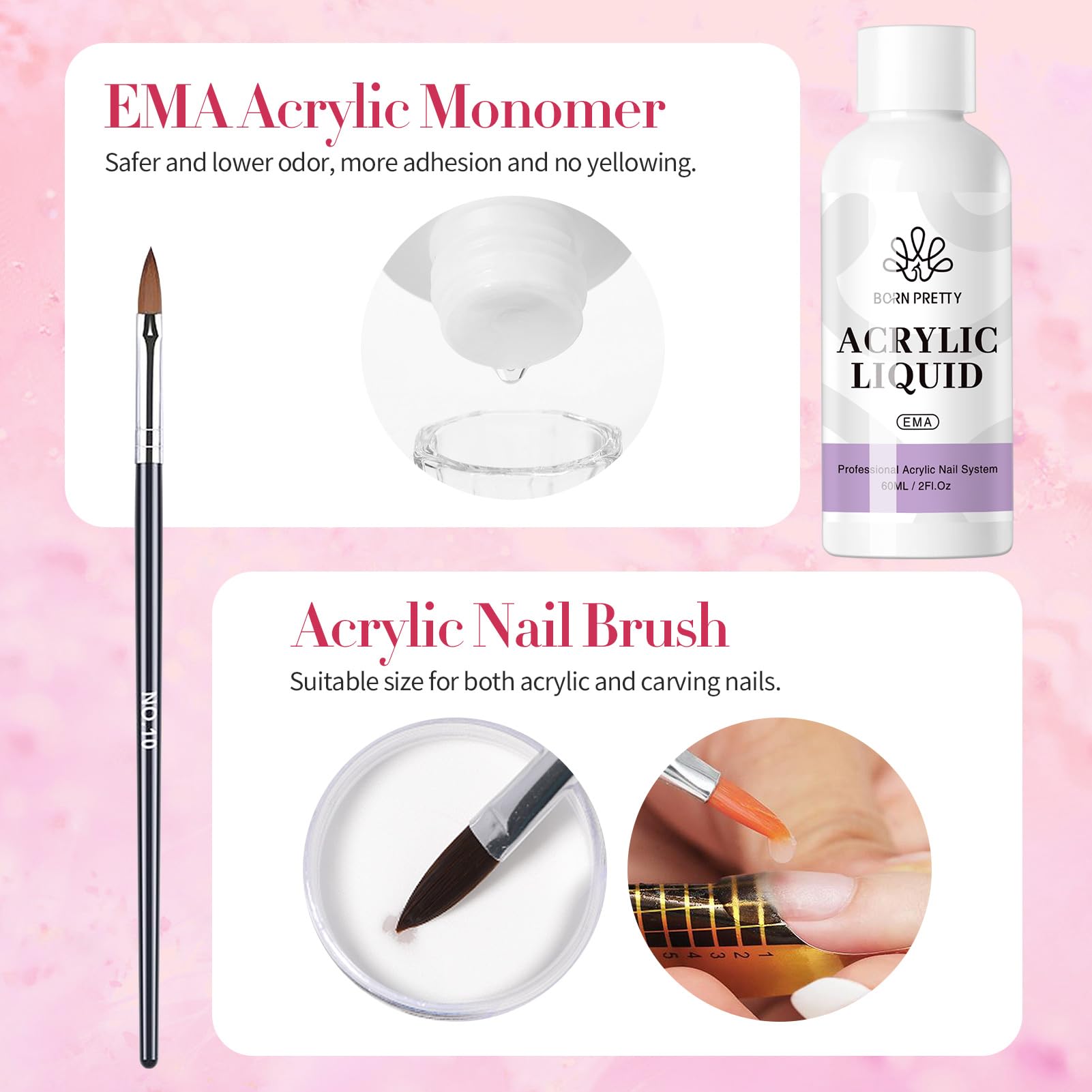 BORN PRETTY Professional Acrylic Nail Kit with Clear Pink & Milky White Powder - 3 Boxes Acrylic Nail Powder, 60ML Liquid, Nail Tips & Complete Tool Set for Salon & Home Manicure
