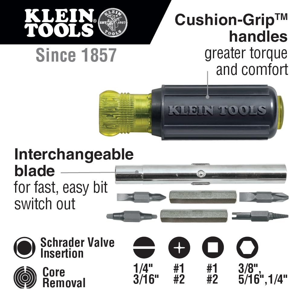 Klein Tools 32527 11-in-1 Multi-Bit Screwdriver & Nut Driver Set with Phillips, Slotted, Square, Schrader Bits - Perfect for Home Repairs, DIY Projects & Professional Electrical Work