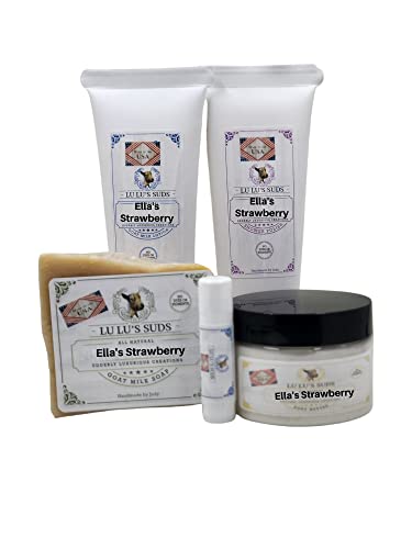 Lu Lu's Suds All-Natural Goat Milk Soap & Skincare Gift Set - 5oz Soap, 4oz Lotion, 4oz Body Butter, 4oz Shower Polish & Lip Balm (Strawberry Shortcake Scent) - Perfect for Spa Day, Self-Care & Luxury Gifts