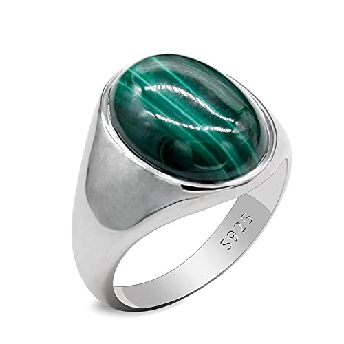 Natural Malachite Ring for Men & Women - Sterling Silver Oval Green Stone Turkish Wedding Band, Promise Ring, Jewelry Gift (Sizes 6-13) - Perfect for Anniversary, Engagement & Everyday Boho Style