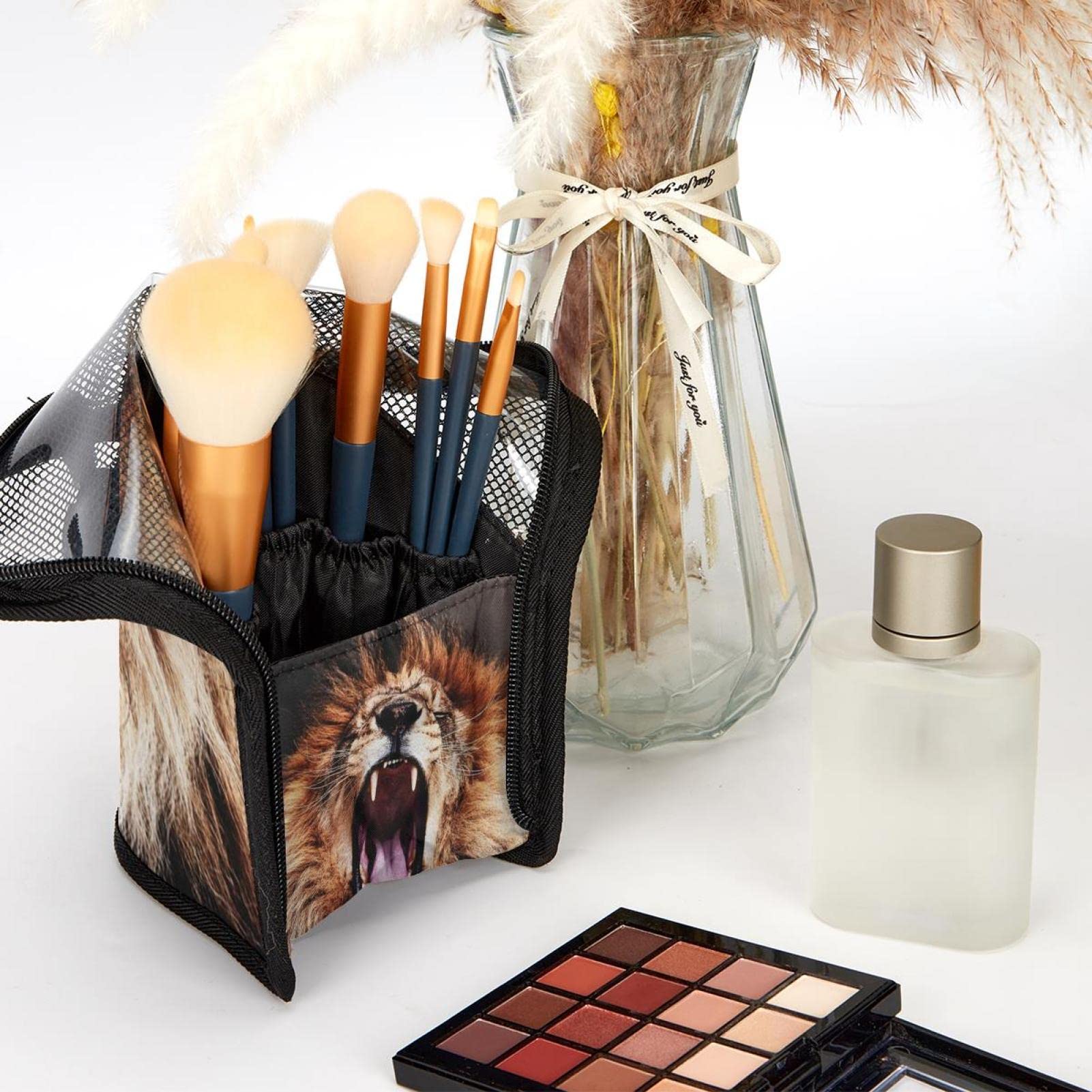 12-Piece Makeup Brush Organizer Bag with Lion Design - Portable Cosmetic Brush Holder Case for Travel, Home & Professional Makeup Artists