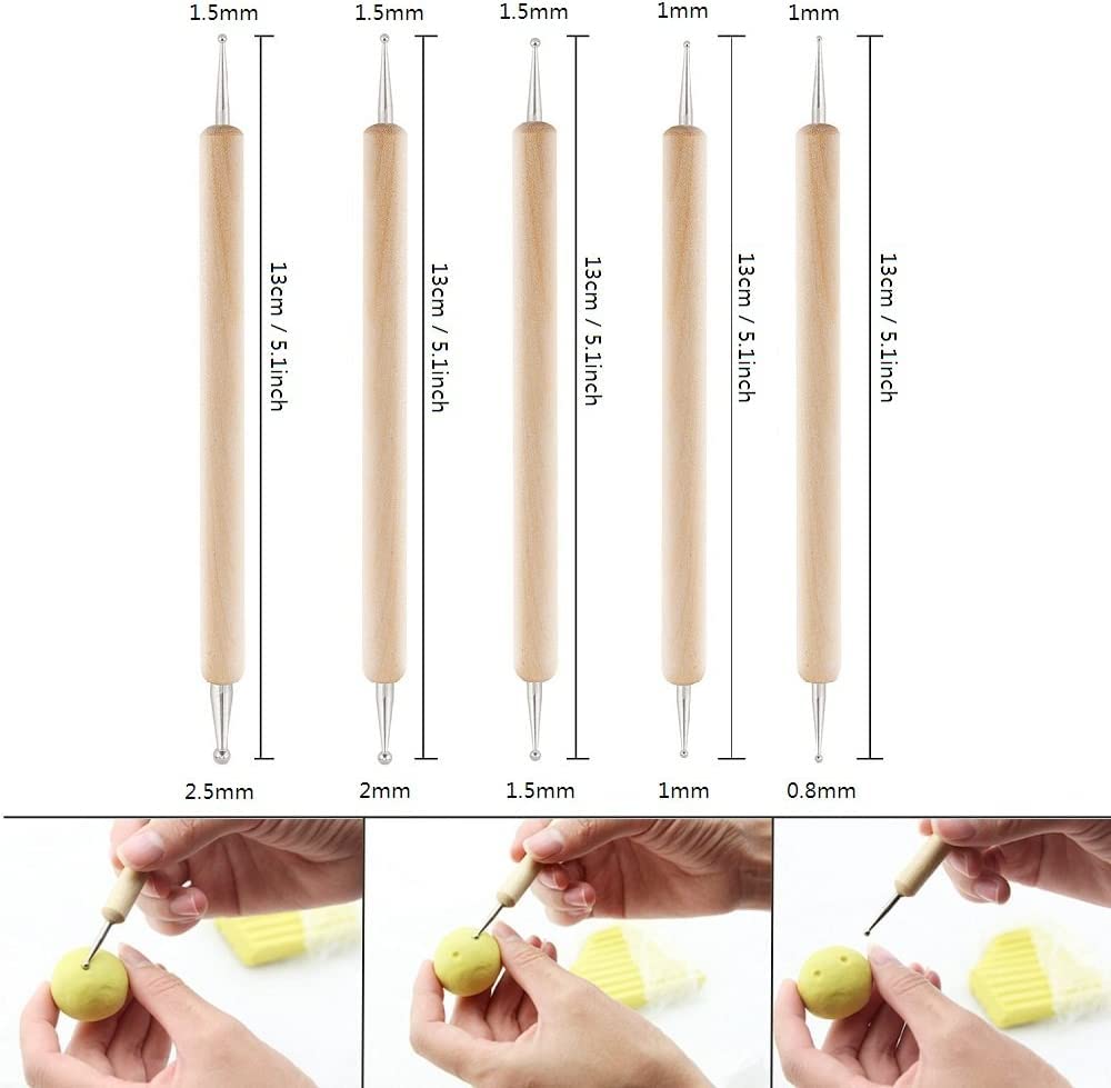 5Pcs Wooden Ball Styluses Tool Set for Embossing, Clay Sculpting & Nail Art - Perfect for DIY Crafts, Polymer Clay Modeling & Professional Nail Design