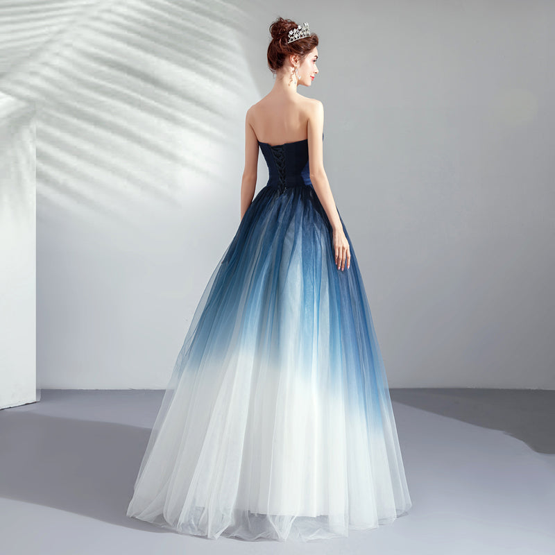 Blue Gradient A-Line Skirt Strapless Light Yarn Romantic Evening Dress for Women | Elegant Party Gown for Prom, Cocktail, Wedding Guest & Special Occasions