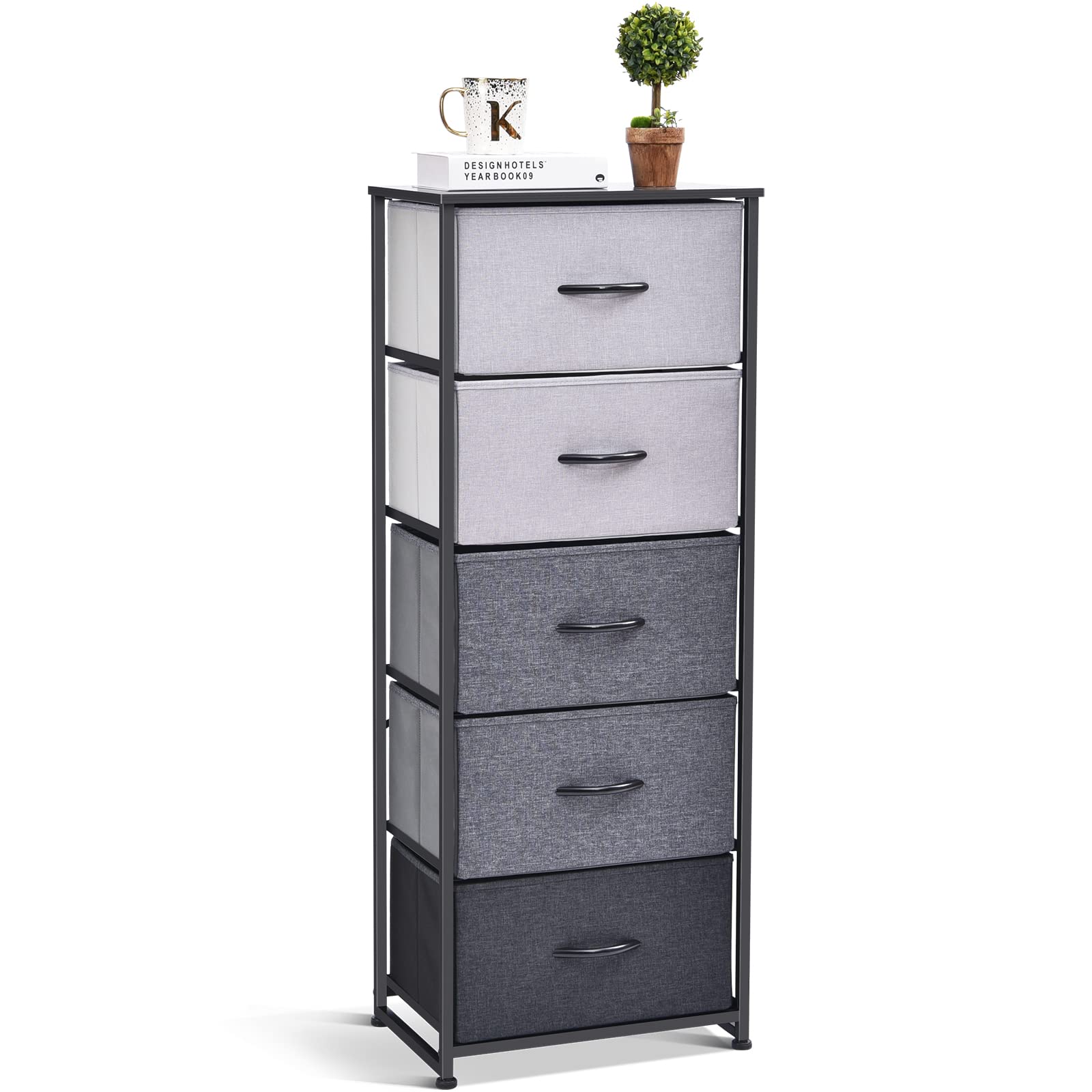 KINGRACK 5-Drawer Vertical Fabric Dresser Storage Tower - Slim Tall Bedroom Organizer with Drawers for Clothes, Toys & Accessories (Black/Grey) | Space-Saving Solution for Small Rooms, Dorm & Closet Organization