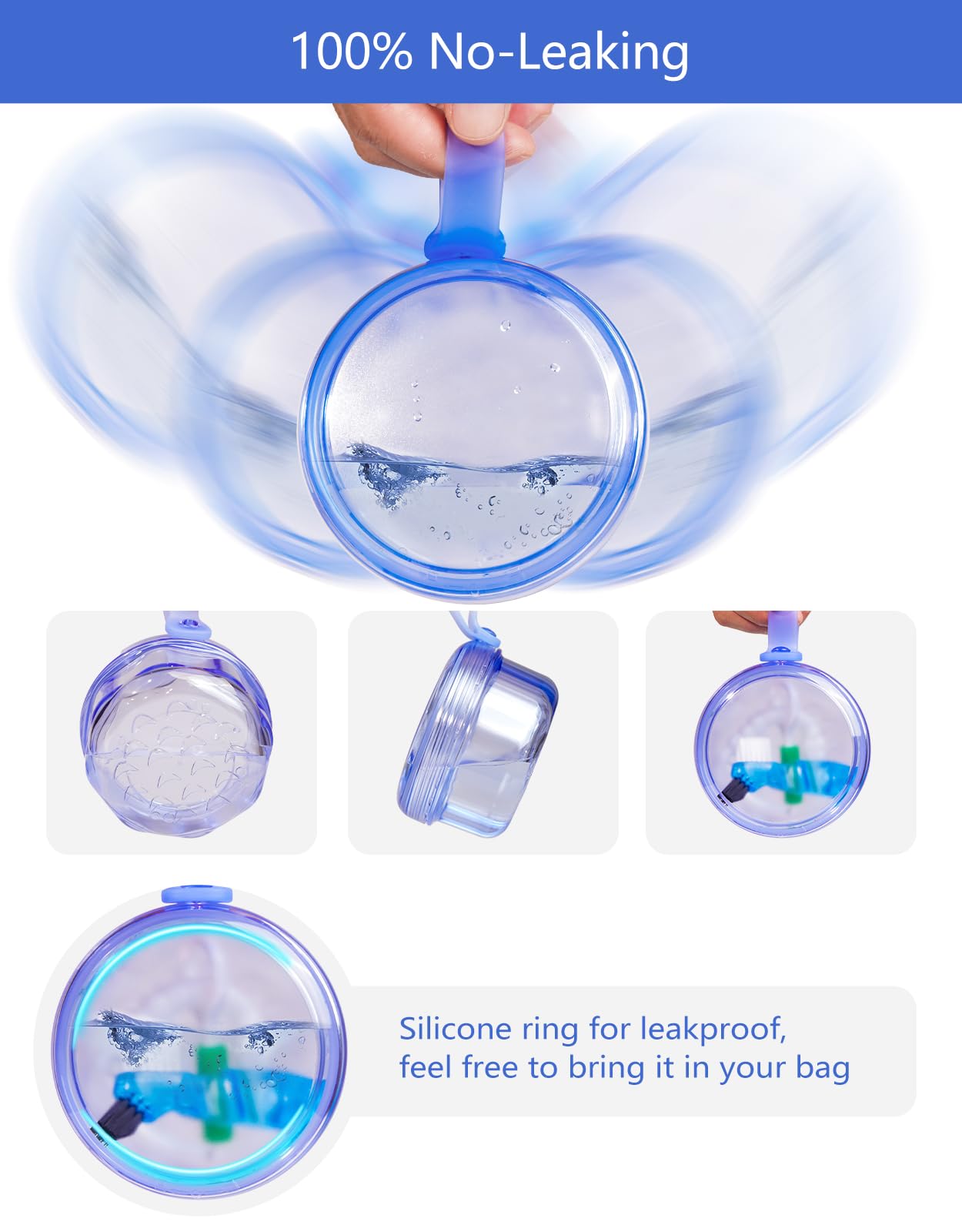 Leak Proof Portable Denture Bath Case - Denture Cleaning Cup & False Teeth Holder, Night Guard & Retainer Soaking Container Box for Travel, Home & Office - Transparent Blue - Perfect for Daily Oral Care & Travel Hygiene
