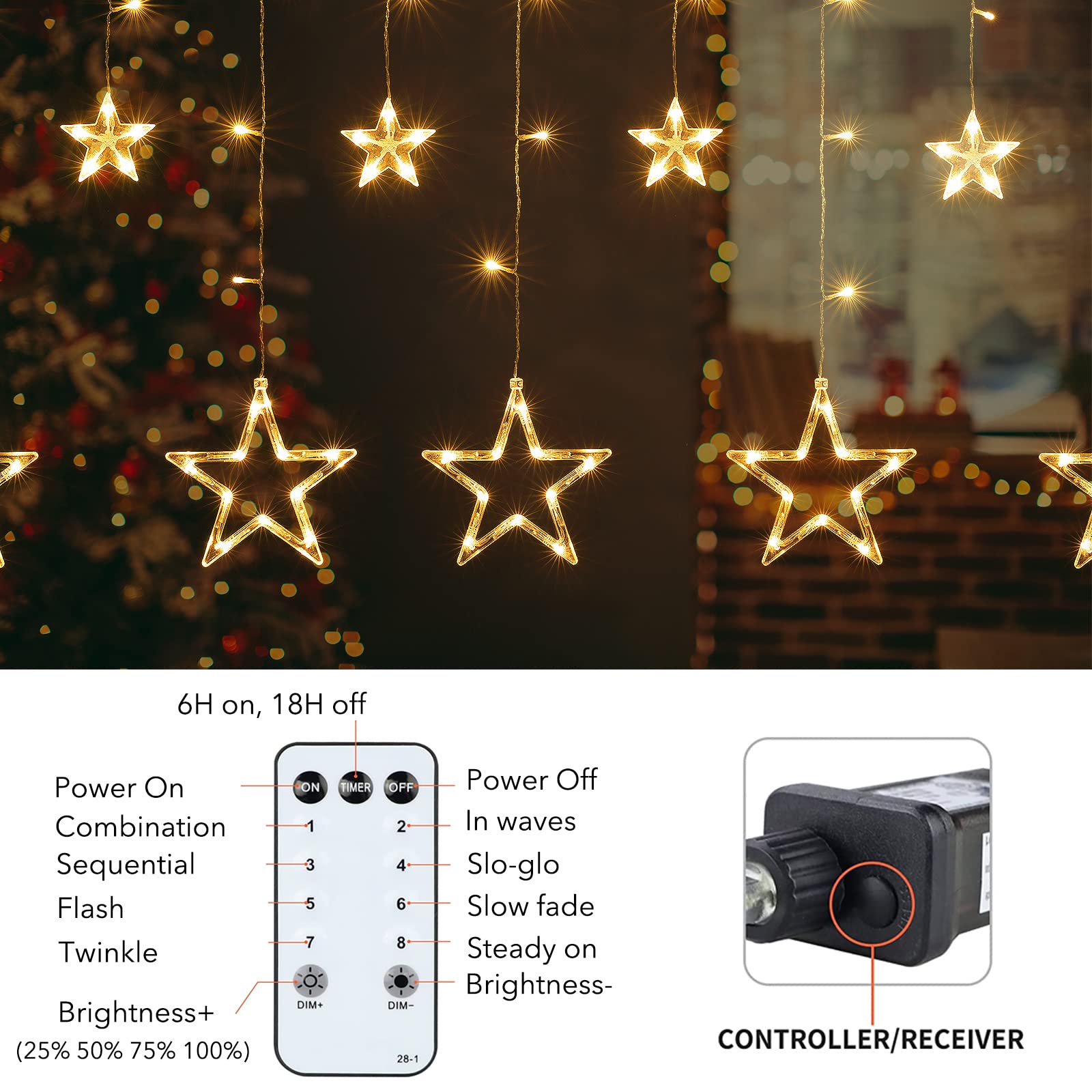 138 LED Star Curtain Fairy Lights - 9ft Plug-in Connectable Twinkle Lights with 12 Star Drops & Remote (8 Lighting Modes) - Warm White Indoor Christmas, Ramadan, Bedroom, Window Decorations - Perfect for Holiday Parties, Wedding Backdrops & Cozy Home Ambiance