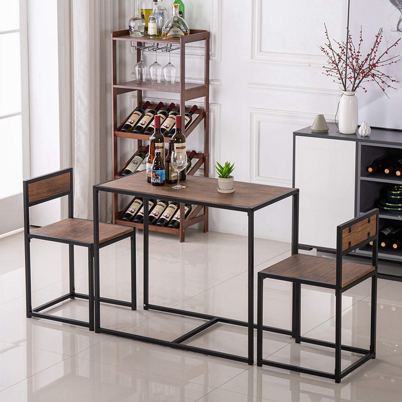 Elm Wood Breakfast Table and Chairs Set - 3-Piece Indoor Outdoor Bistro Dining Furniture for Kitchen, Cafe, Restaurant & Patio Use - Classic Trattoria Style Table with Matching Chairs - MITPATY