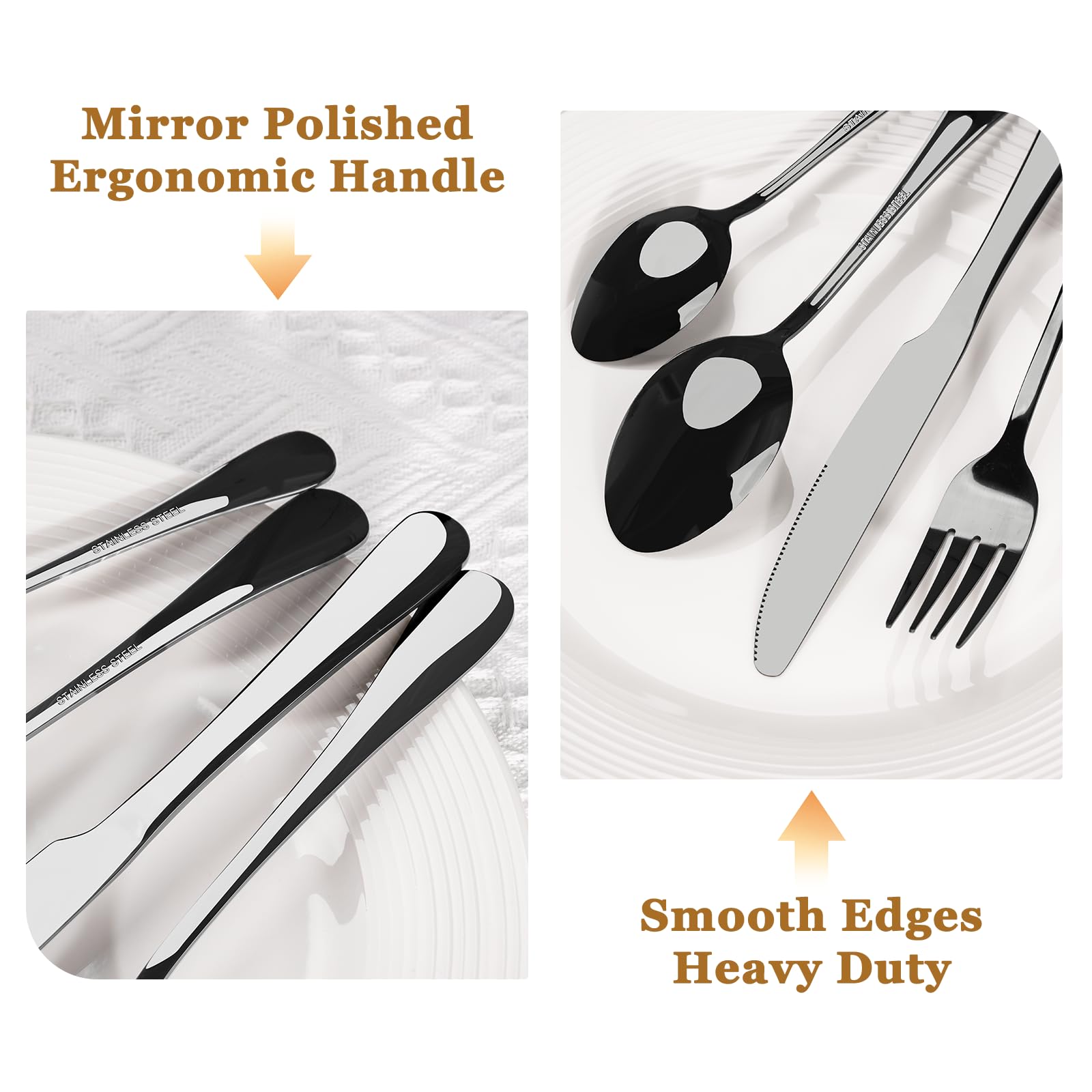 Astercook 24-Piece Stainless Steel Flatware Set - Mirror Polished Black Silverware with Steak Knives, Spoons & Forks for 4 People - Food-Grade Cutlery Set for Home, Kitchen & Restaurant Dining