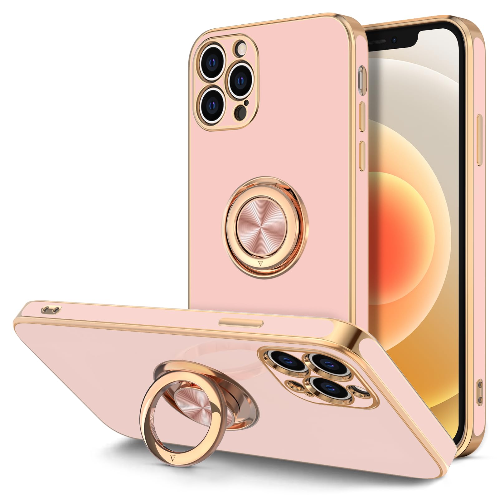 Hython Magnetic Ring Stand Case for iPhone 12 Pro - 360° Rotatable Kickstand, Rose Gold Plating, Shockproof TPU Bumper with Camera Protection - Perfect for Hands-Free Viewing, Video Calls & Daily Use (Pink)