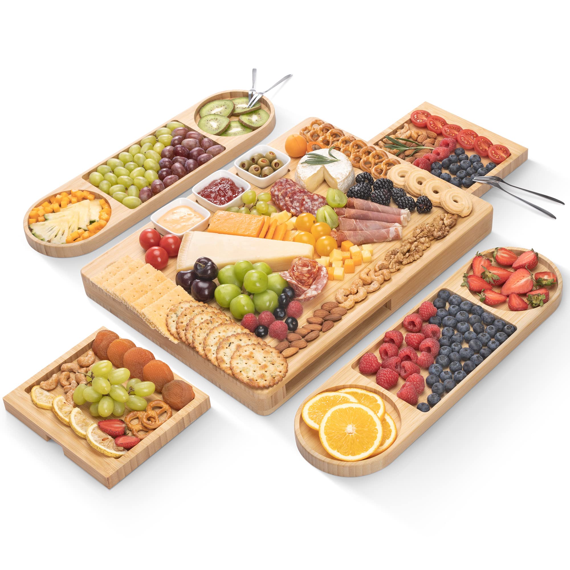 Premium Bamboo Charcuterie Board Set with 2 Drawers - Extra Large Cheese & Charcuterie Serving Tray - Perfect for Entertaining, Weddings, Housewarming & Birthday Gifts - Elegant Appetizer Display for Parties, Cheese Tasting & Charcuterie Nights