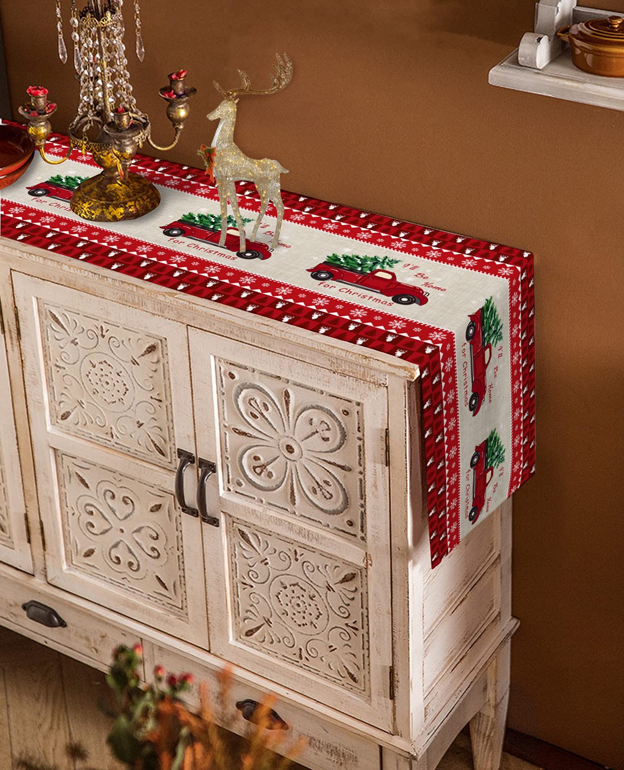 36 Inch Christmas Table Runner with Red Truck & Tree Design - Retro Holiday Kitchen, Dining, Living Room Decor - Perfect for Parties & Home Decoration (13x36 in) - Ideal for Christmas Dinners, Family Gatherings & Festive Home Styling