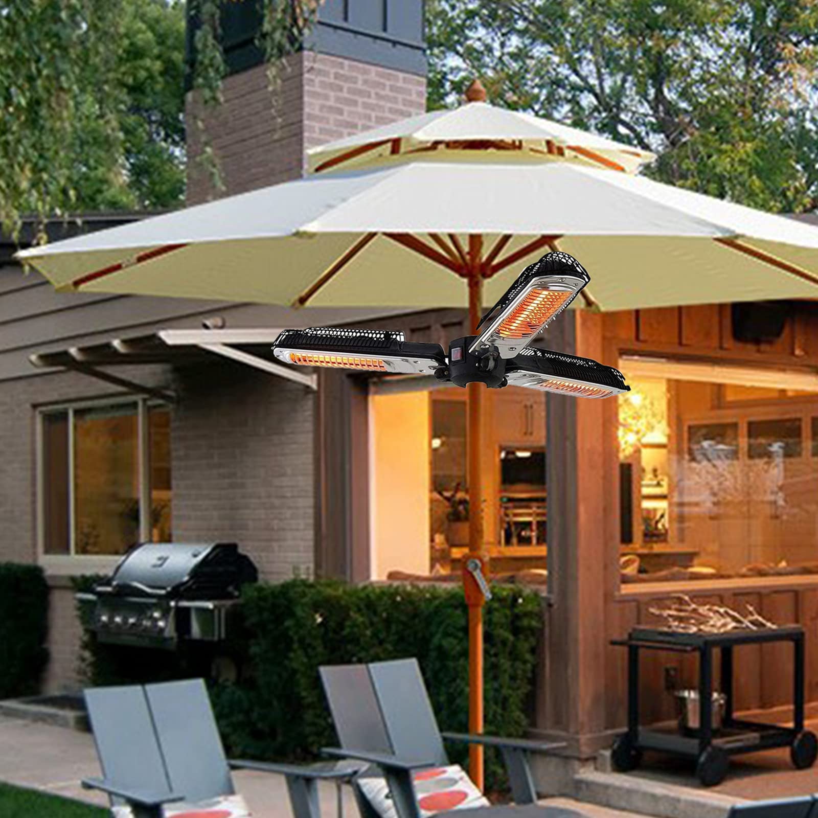 Outdoor Electric Patio Umbrella Heater - 1500W Waterproof IP34 with 3 Adjustable Power Settings & Heating Panels | Height Adjustable for Courtyard, Garden, Deck & Indoor Use | Perfect for Restaurants, Cafes & Backyard Gatherings