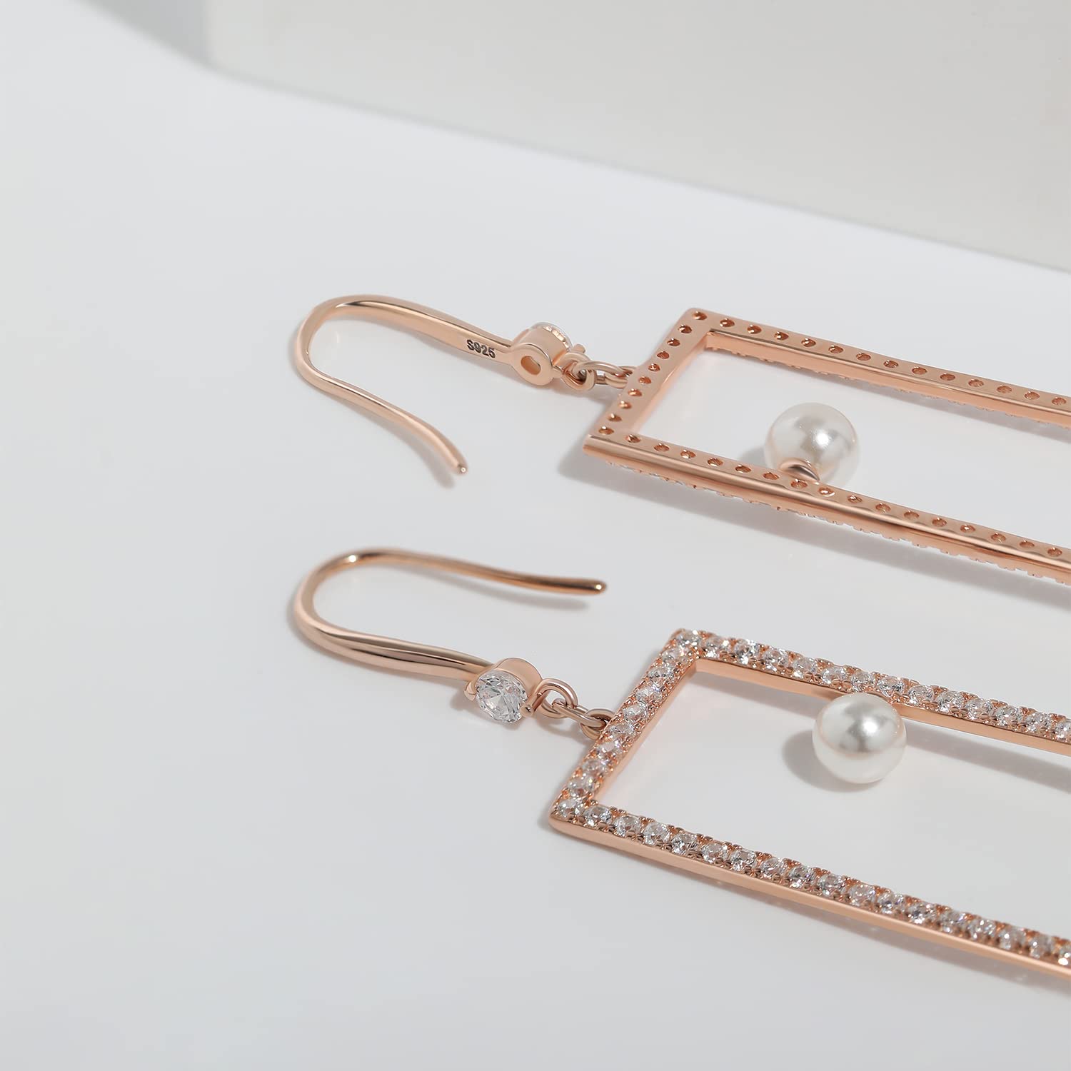 Meissa 925 Sterling Silver Geometric Pearl Drop Earrings | Handmade Rose Gold Statement Jewelry | Perfect for Weddings, Parties & Special Occasions