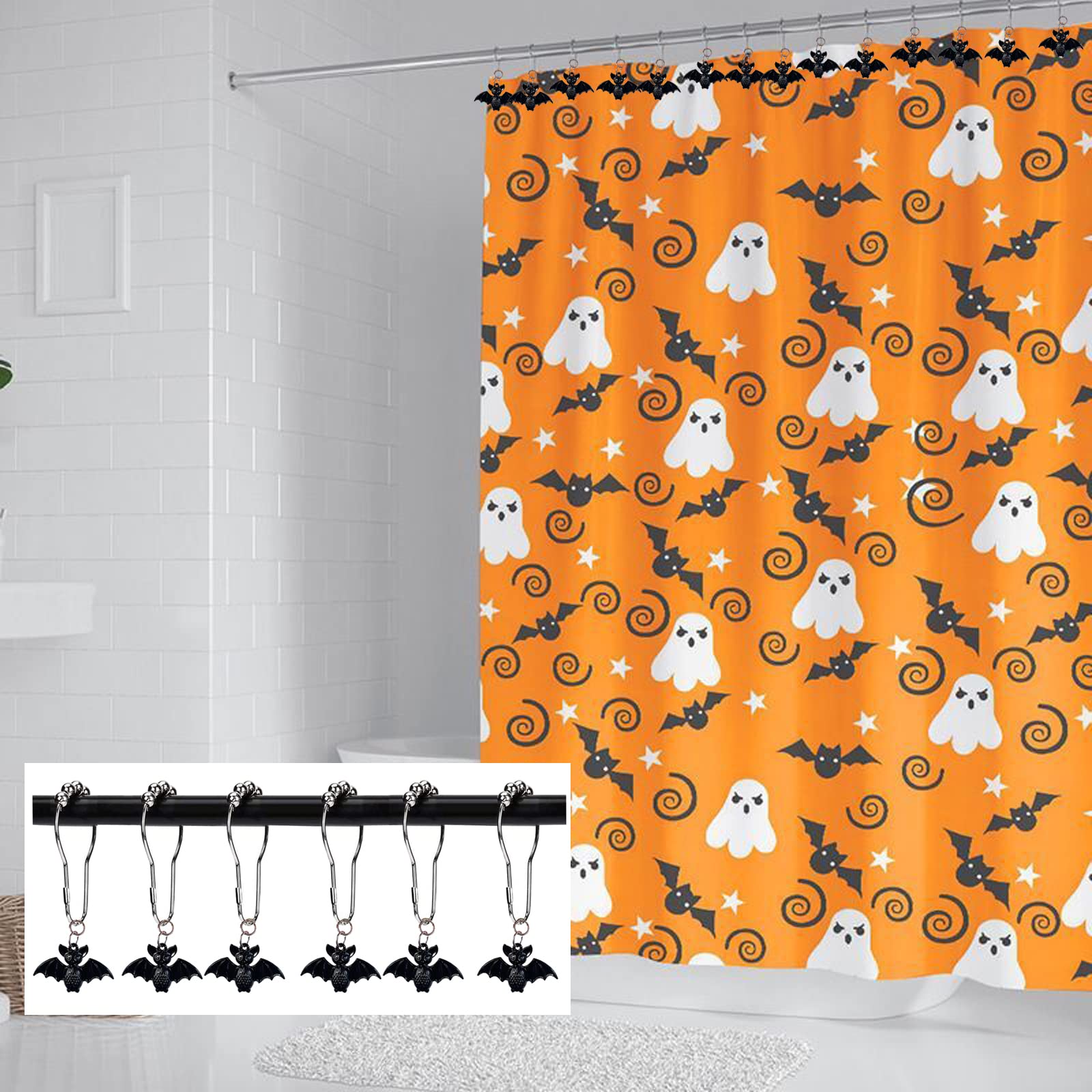 12 Pack Bat Shower Curtain Hooks - Rustproof Metal Halloween Bat Shower Rings for Bathroom Rods, Spooky Bathroom Decor for Halloween Party & Gothic Home Decor - Perfect for Themed Bathrooms & Haunted House Decorations (Black)