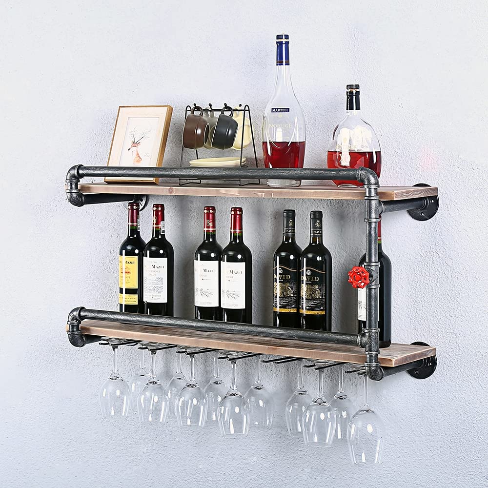 Rustic Industrial Pipe Wine Glass Rack - Wall Mounted 2-Tier Shelf with 7 Stem Holder (36 Inch) - Perfect for Kitchen, Bar, Dining Room & Wine Cellar Organization
