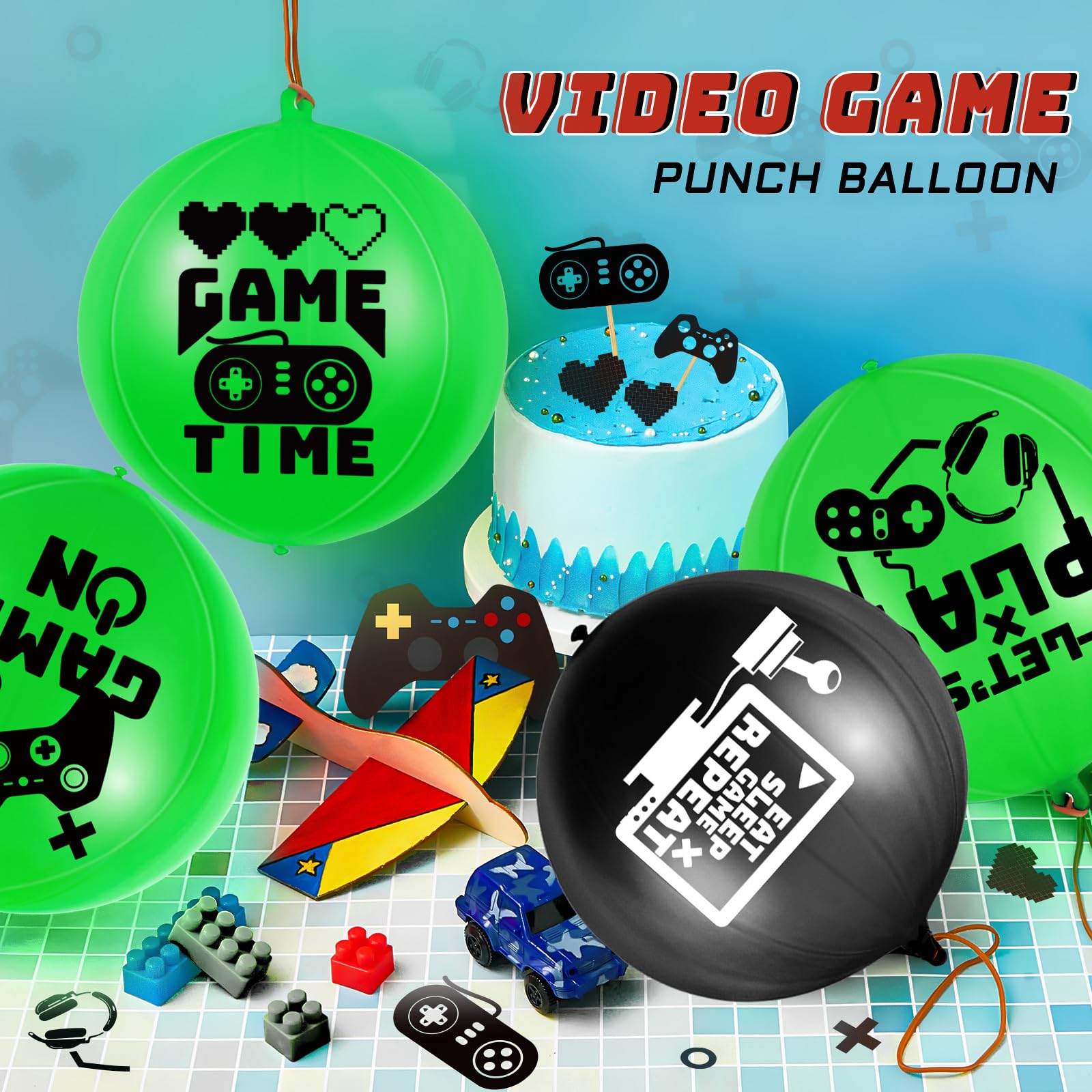 32 Pcs Video Game Punch Balloons - Pixelated Punch Ball Pixel Balloons for Birthday Party Favors, Goodie Bag Fillers (Green, Black) - Fun Party Supplies & Kids Game Toys for Birthday, Carnival, School Events