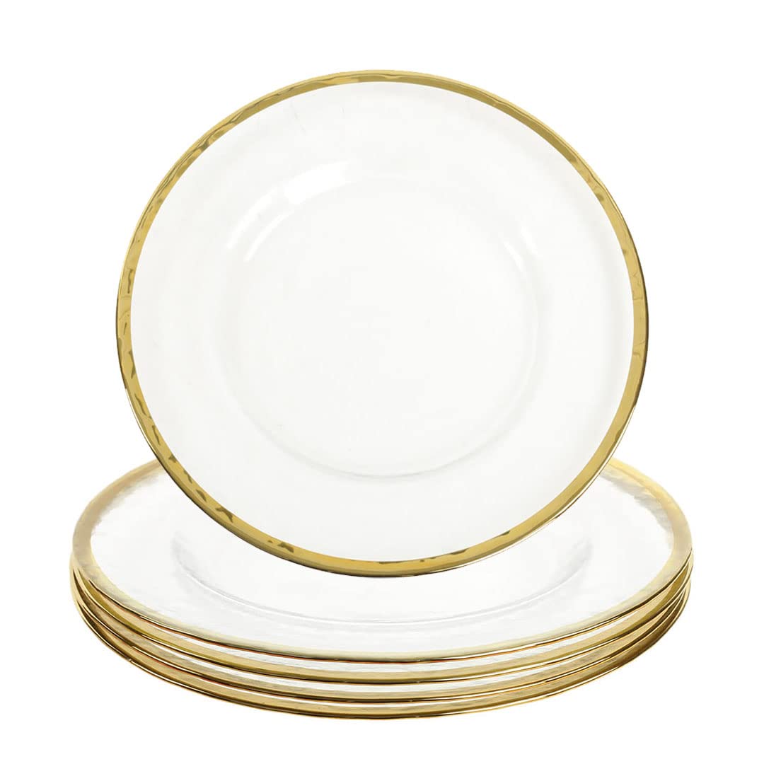 Koyal Wholesale Bulk Clear Glass Gold Rim Charger Plates - Set of 4 Elegant Hammered Glass Dinner Plates for Wedding, Party & Formal Dining Decor
