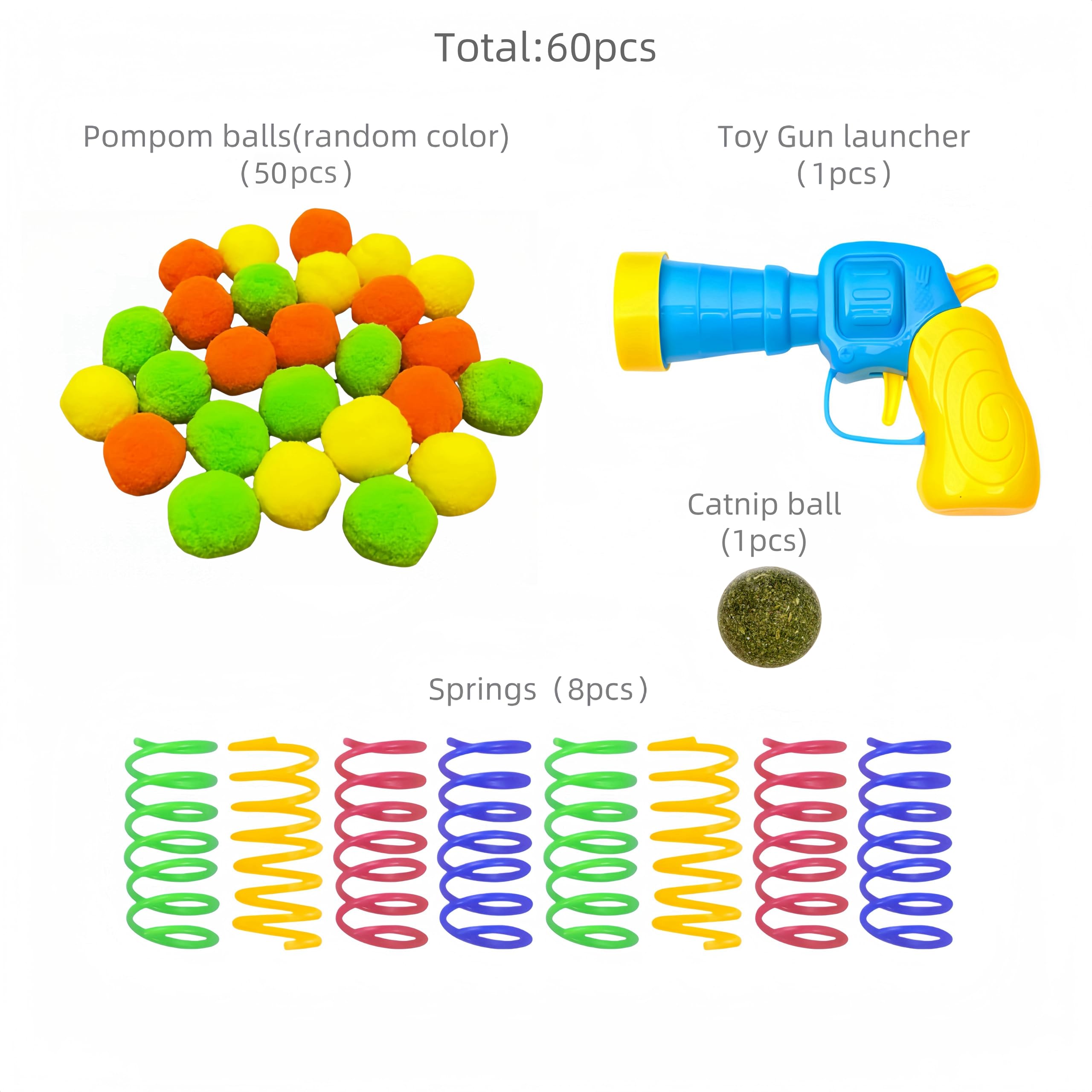 60pcs Cat Toys Set - Colorful Springs, Pompom Balls & Launcher for Interactive Play - Perfect for Indoor Exercise, Chase Games & Bonding with Your Feline Friend