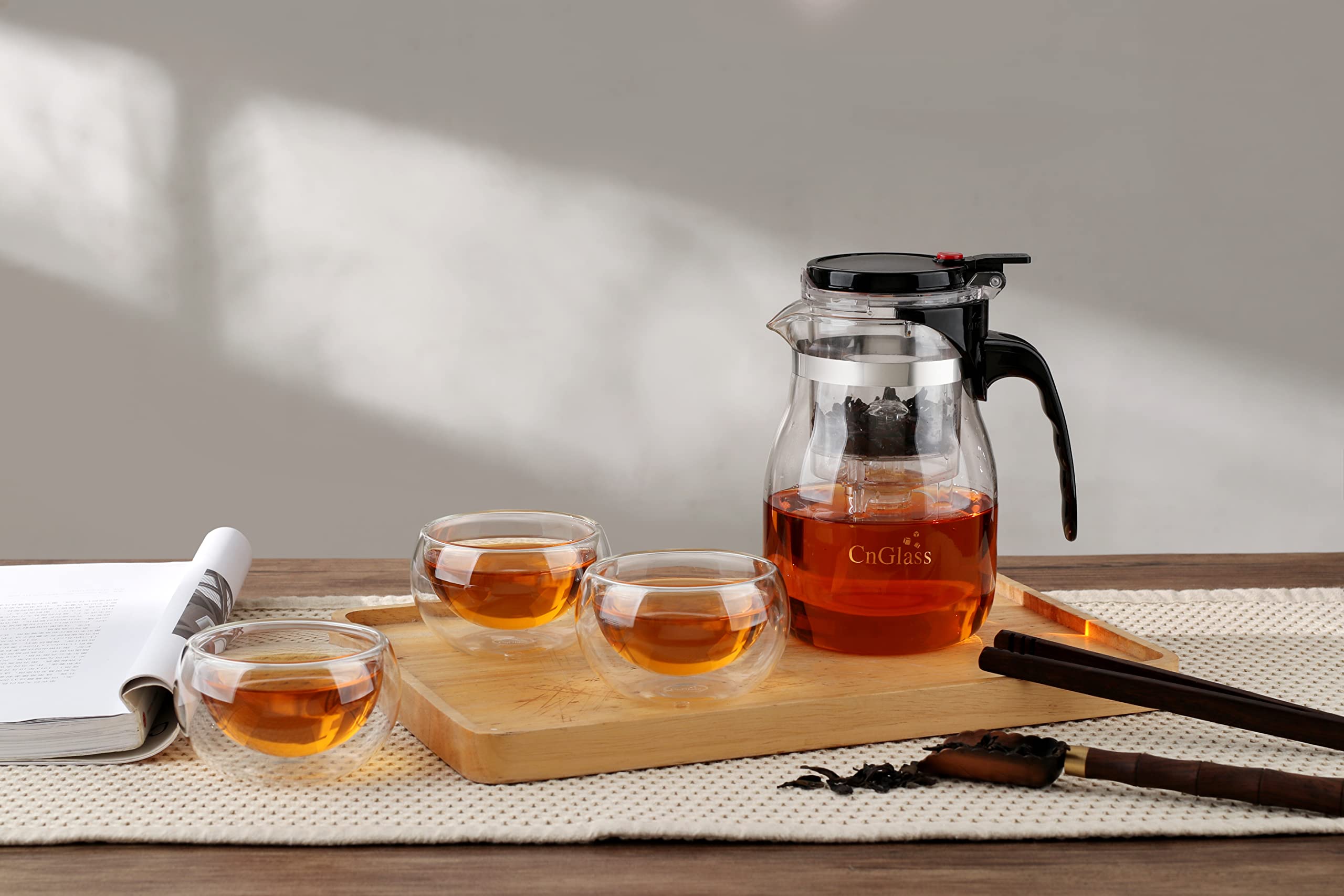 Premium Clear Glass Teapot with Removable Stainless Steel Infuser - 30.5oz Loose Leaf & Blooming Tea Maker - One-Touch Filter Button for Perfect Brewing - Ideal for Home, Office & Tea Ceremonies