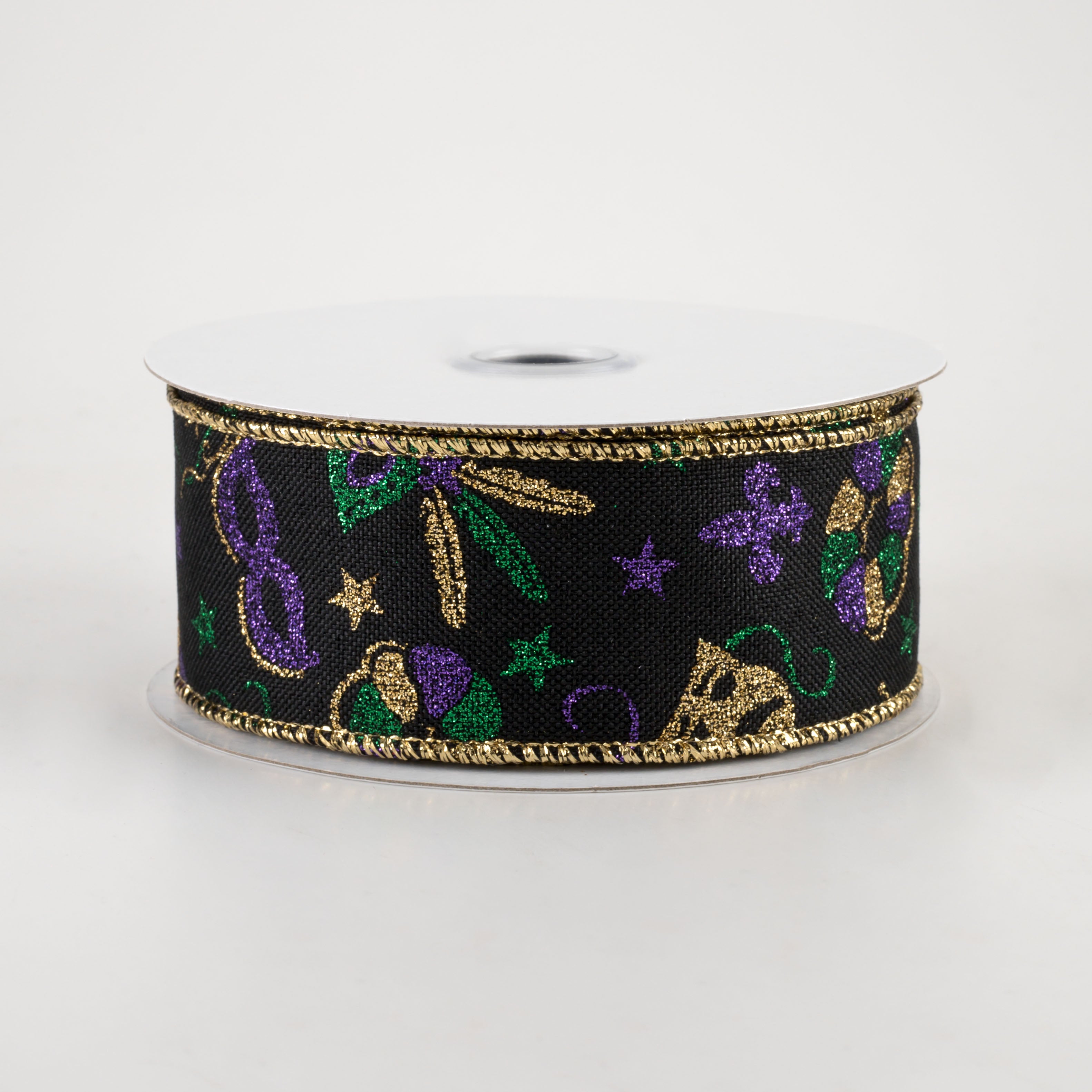 1.5 Inch Mardi Gras Pattern Ribbon - Black Decorative Ribbon (10 Yards) for Party Decorations, Gift Wrapping, and DIY Crafts