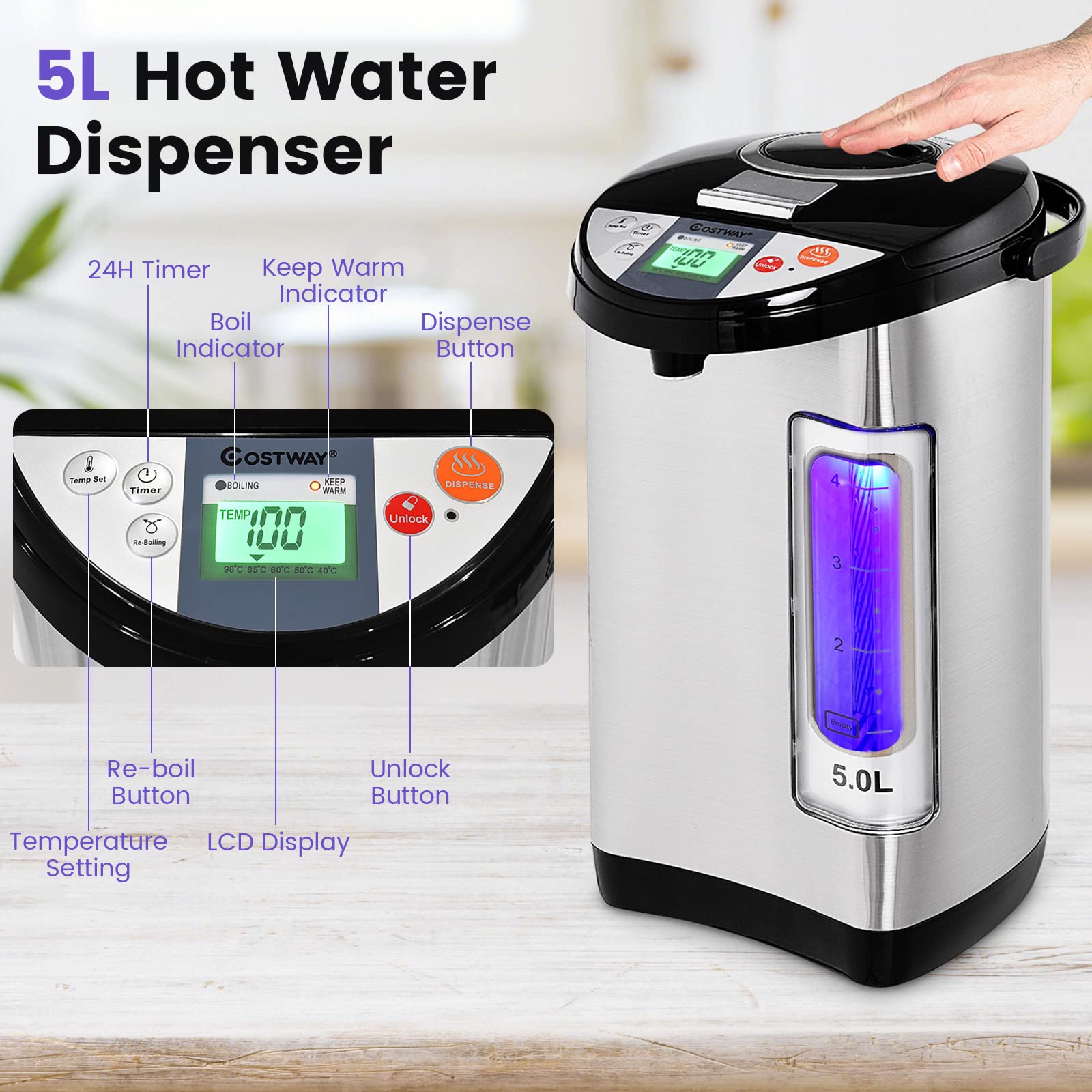 COSTWAY 5L Electric Hot Water Dispenser with LCD Display & 5-Temperature Settings, Stainless Steel Instant Boiler with Safety Lock - Perfect for Home, Office, Tea & Coffee Making