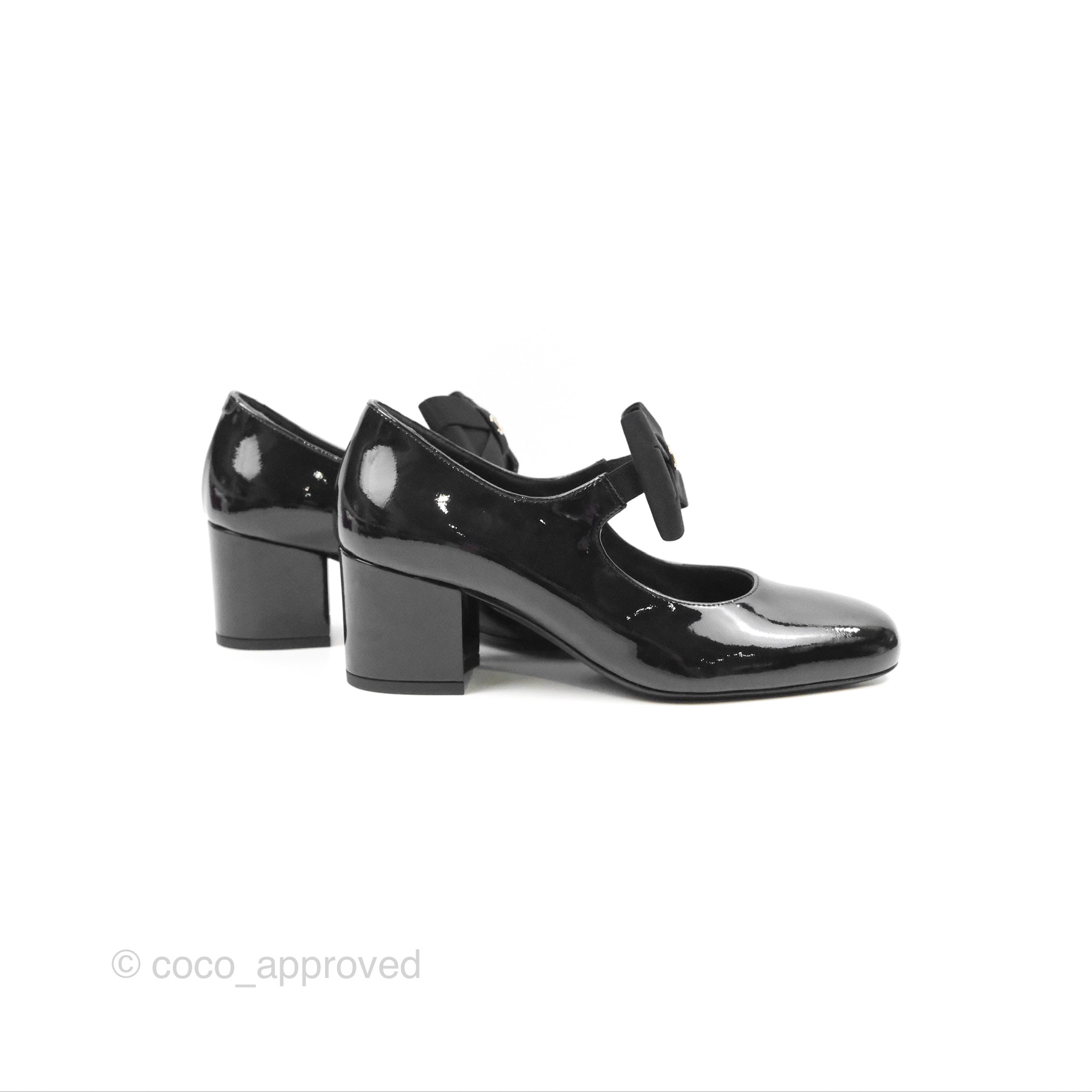 Chanel CC Ribbon Mary Jane Block Heels Black Patent Leather Pumps for Women | 24C Collection | Perfect for Weddings, Parties & Formal Occasions