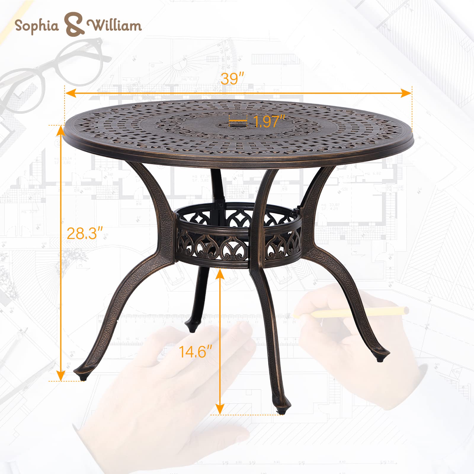 Premium Bronze Round Cast Aluminum Patio Dining Table - 39