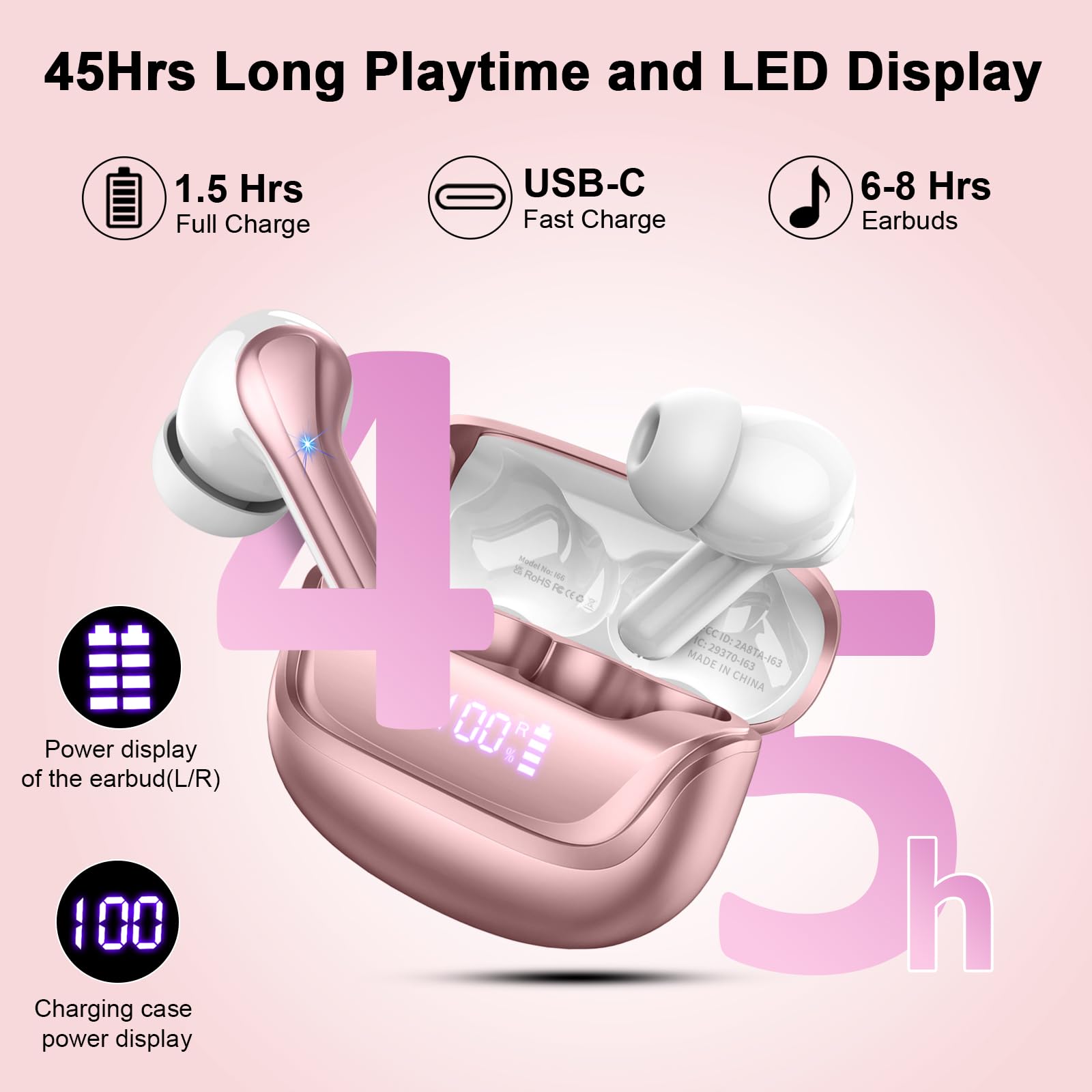 Wireless Earbuds Bluetooth 5.4 with Deep Bass Stereo & 4 ENC Mics, 45H Playtime LED Display Charging Case, IP7 Waterproof in-Ear Headphones for Android iOS - Perfect for Workouts, Commuting & Travel