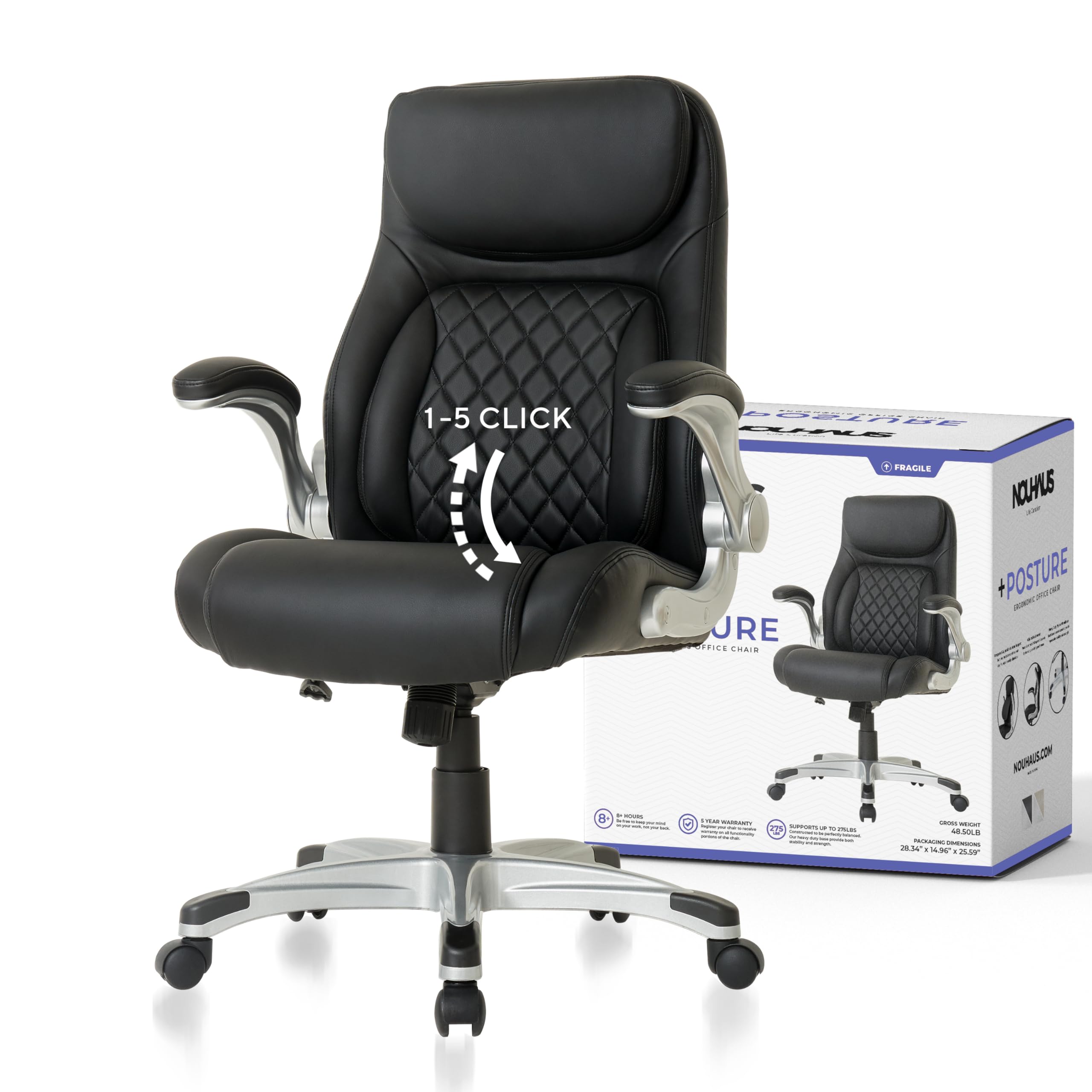 Nouhaus Posture Ergonomic PU Leather Office Chair with Click5 Lumbar Support & FlipAdjust Armrests - Modern Executive Desk Chair for Home & Office (Black) - Perfect for Long Work Hours, Gaming & Remote Work