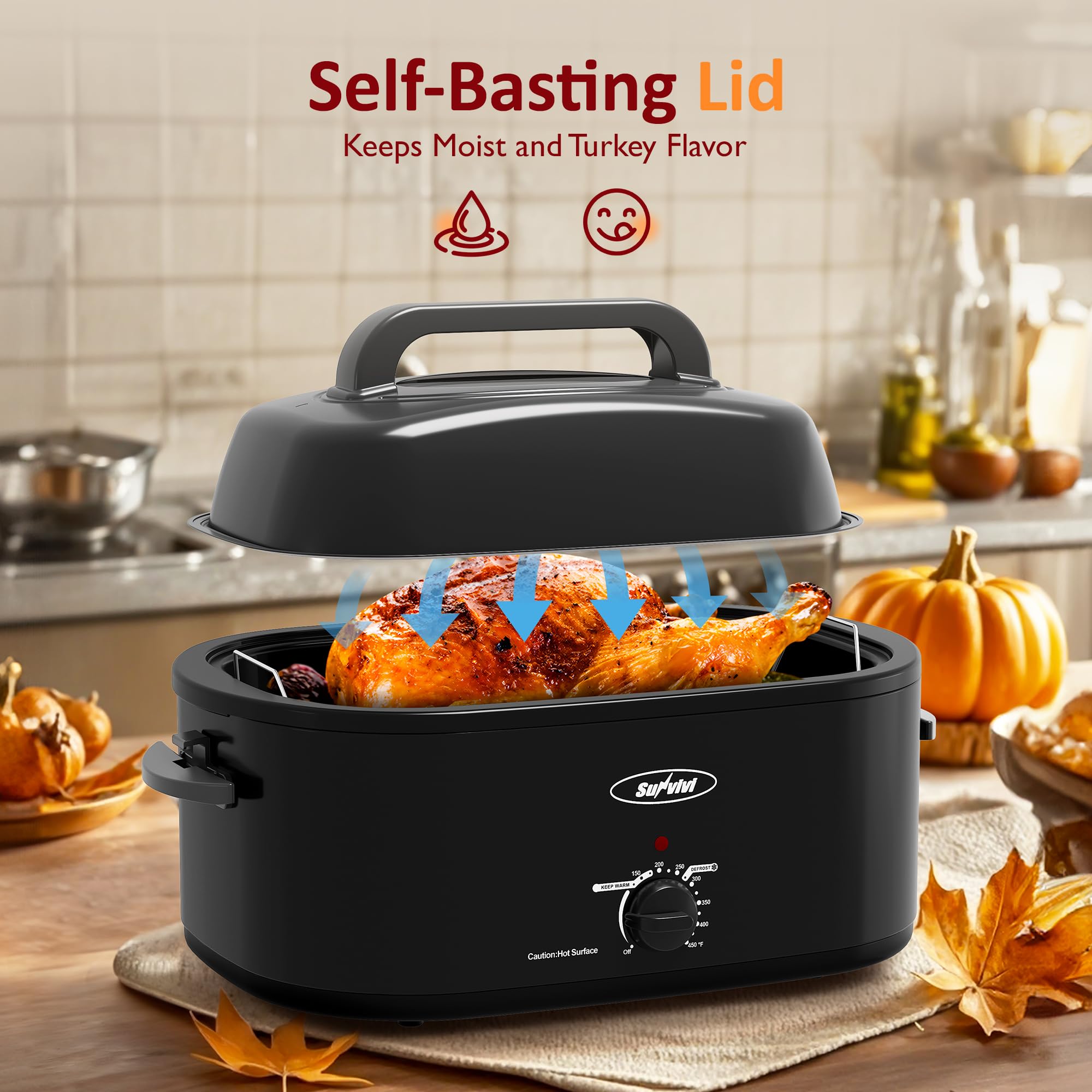 Sunvivi 26 Quart Electric Roaster Oven with Self-Basting Lid - Large Turkey Roaster with Removable Pan & Cool-Touch Handles for Holiday Cooking, Buffet Serving & Family Gatherings - Black