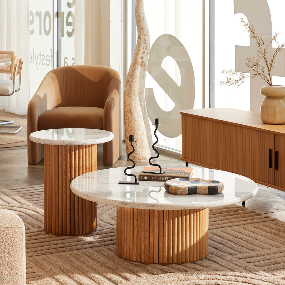 Modern Oak & Carrara Marble Coffee Table - 100cm Round Living Room Centerpiece for Home Decor, Lounge & Office Spaces
