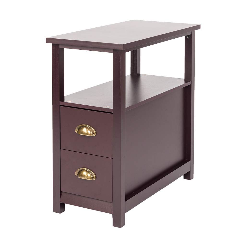 Rustic Espresso Narrow End Table with 2 Drawers & Storage Shelf - Nightstand for Bedroom, Living Room Chairside Table with Bin Drawer - Perfect for Small Spaces, Apartment Decor & Bedside Organization