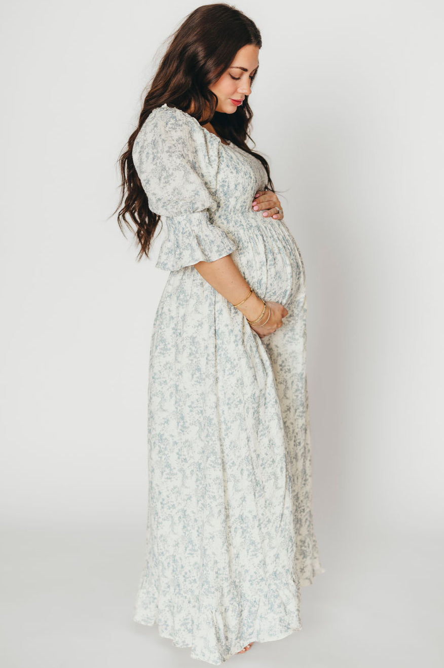 Sienna 100% Cotton Puff Sleeve Maxi Dress - Blue Floral Print Maternity Dress for Pregnancy | Bump Friendly, Comfortable & Stylish for Summer, Beach, Vacation & Special Occasions