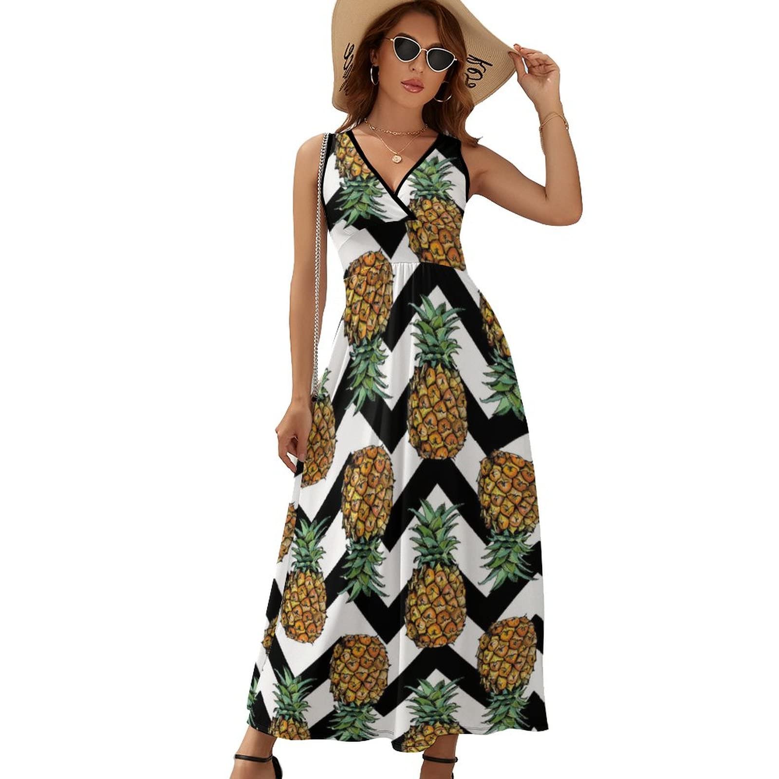 Women's Maxi Dress with Multicolored Butterflies Print - V Neck Sleeveless Summer Dress for Beach, Vacation & Casual Outings