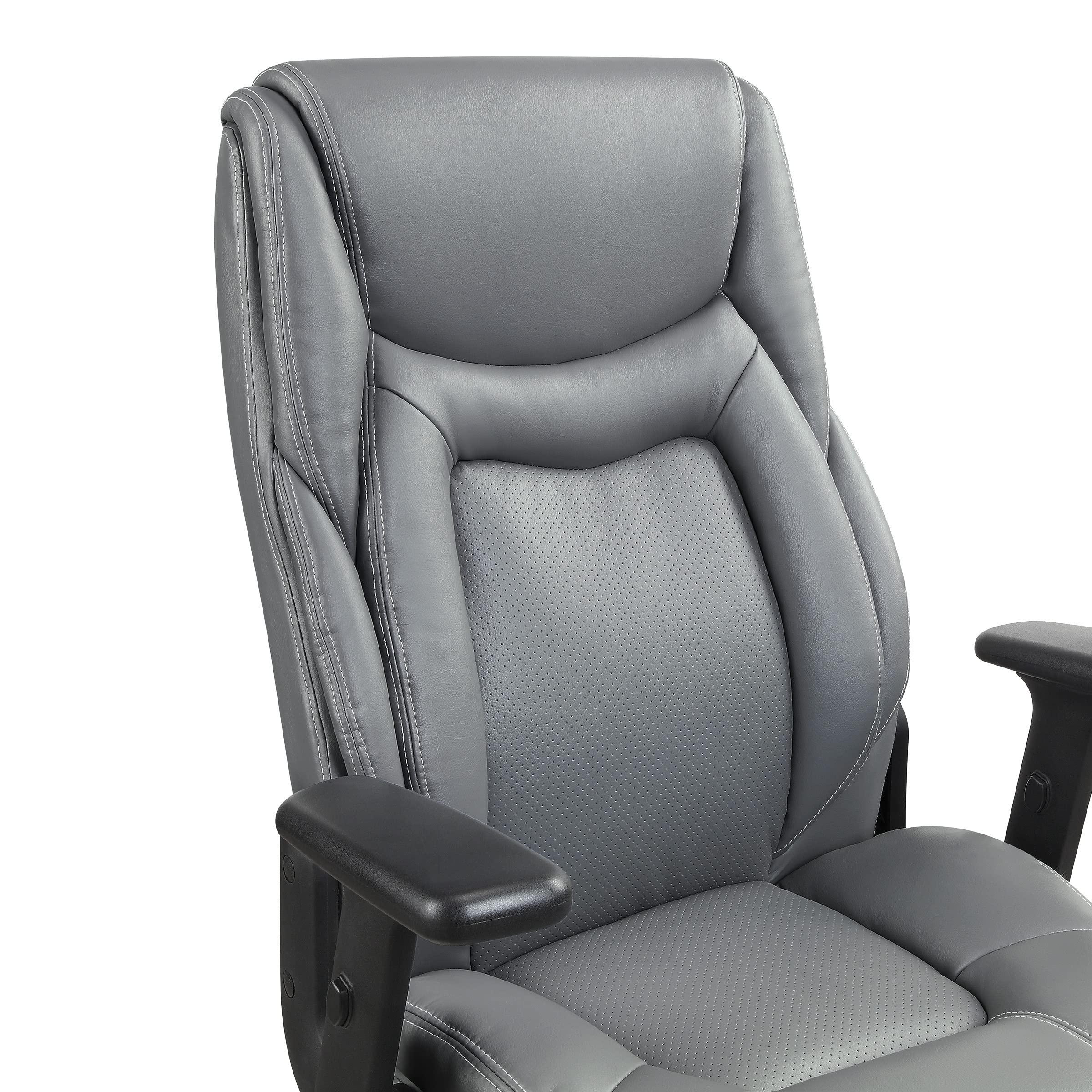 Office Star Executive High Back Bonded Leather Office Chair with Lumbar Support & Adjustable Arms - Ergonomic Desk Chair for Home Office, Computer Work & Conference Rooms (Grey with White Stitching)
