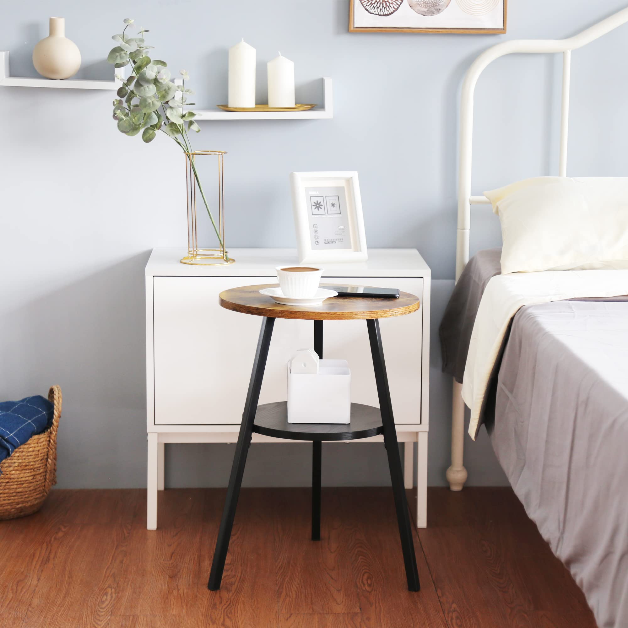 INHABIT UNION Round End Table - Rustic Brown Wooden Accent Table with Storage Shelf | Small Side Table for Living Room, Bedroom & Balcony | Space-Saving Furniture for Apartments & Small Spaces