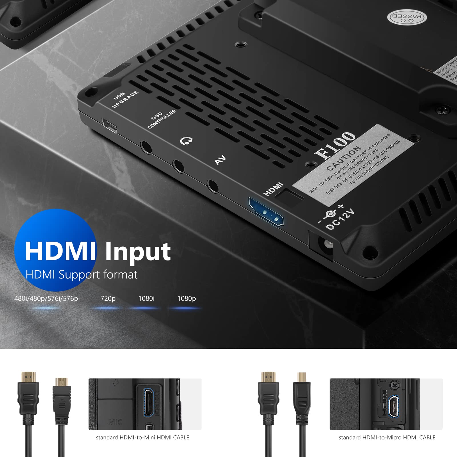 Neewer F100 7 Inch HD IPS Camera Field Monitor 1280x800 HDMI Input 1080p Video Assist with 2600mAh Li-ion Battery, USB Charger & Carrying Case - Perfect for DSLR Cameras, Stabilizers, Film Rigs, and Professional Video Production