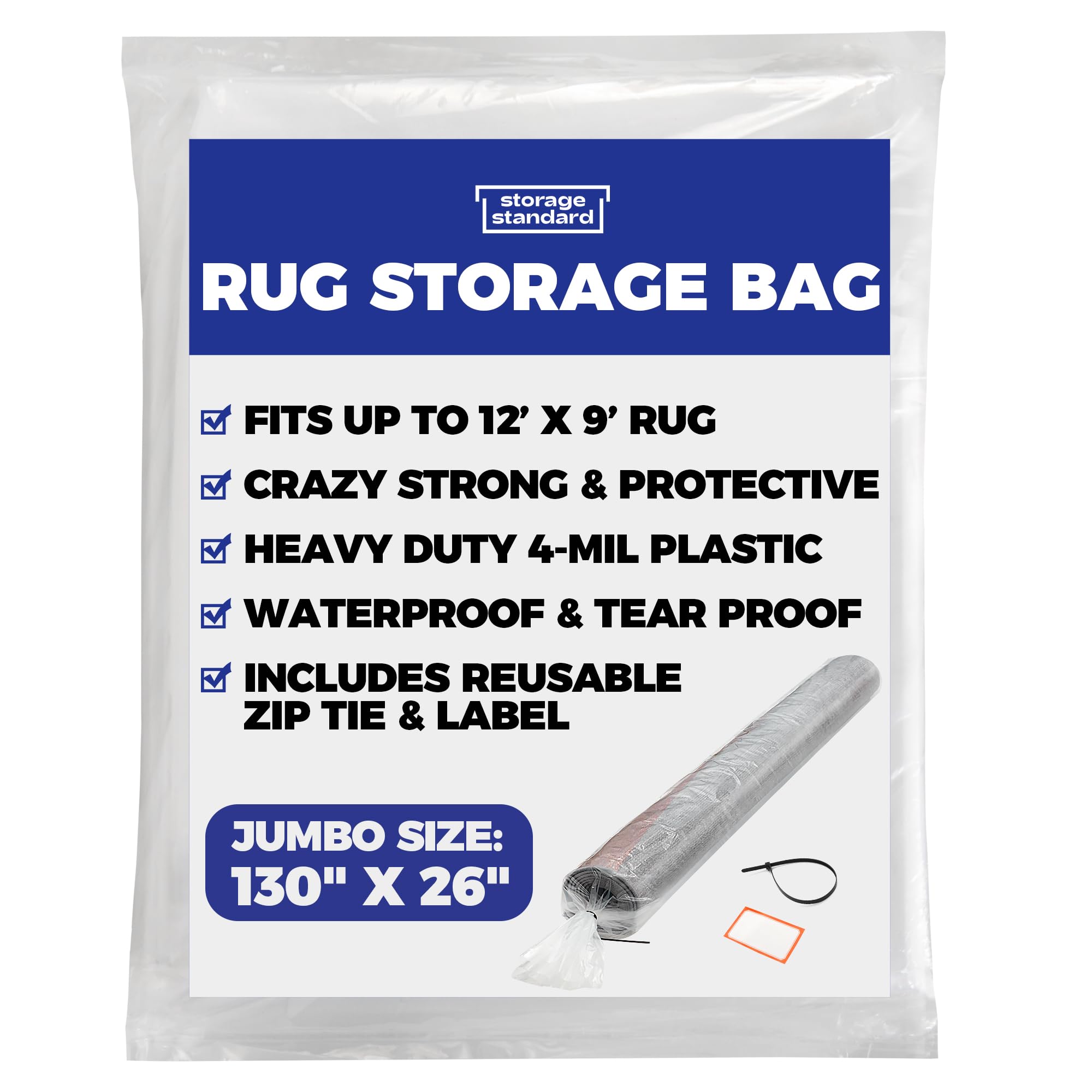 Heavy Duty Rug Storage Bag - Reusable Waterproof Plastic Rug Cover for 9x12 Feet Rolled Carpets - 4 Mil Thick Tear-Proof Clear Storage Bag (130x26 Inches) - Perfect for Moving, Shipping & Long-Term Carpet Protection