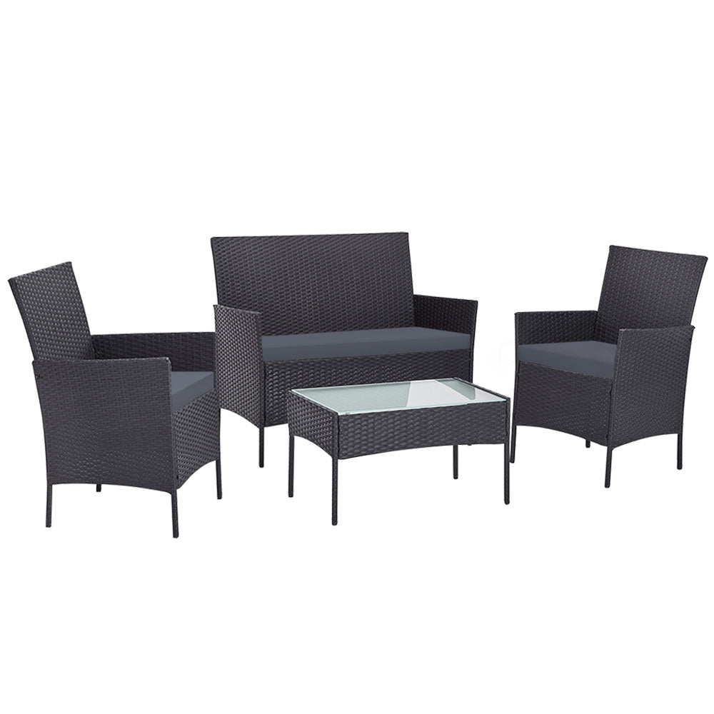 4-Seater Outdoor Patio Sofa Set with Wicker Table and Chairs - Dark Grey Furniture for Garden, Poolside, or Backyard Relaxation