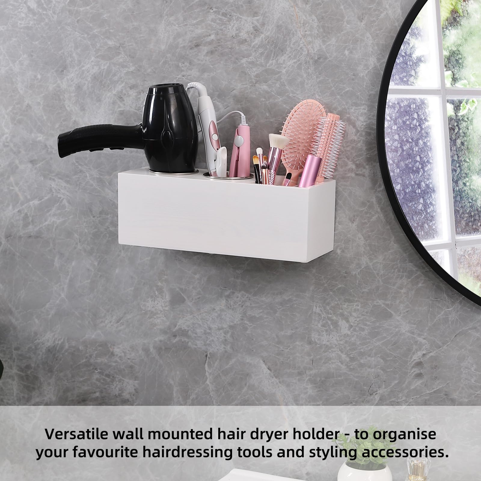 Premium Cedar Wood Hair Dryer Holder & Organizer - Wall Mount, Countertop & Cabinet Door Blow Dryer Storage with Curling Iron Stand (White) | Perfect for Bathroom, Salon & Home Organization