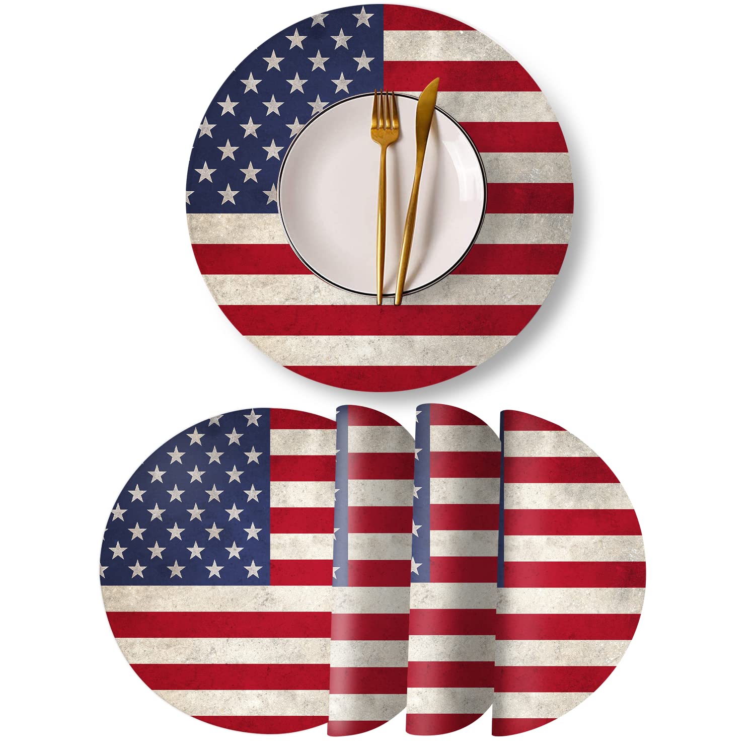 American Flag Round Placemats Set of 4 - 13x13 Inch Non-Slip Washable Table Mats for Kitchen, Dining Table & Restaurant | Patriotic Home Decor, 4th of July Party Supplies