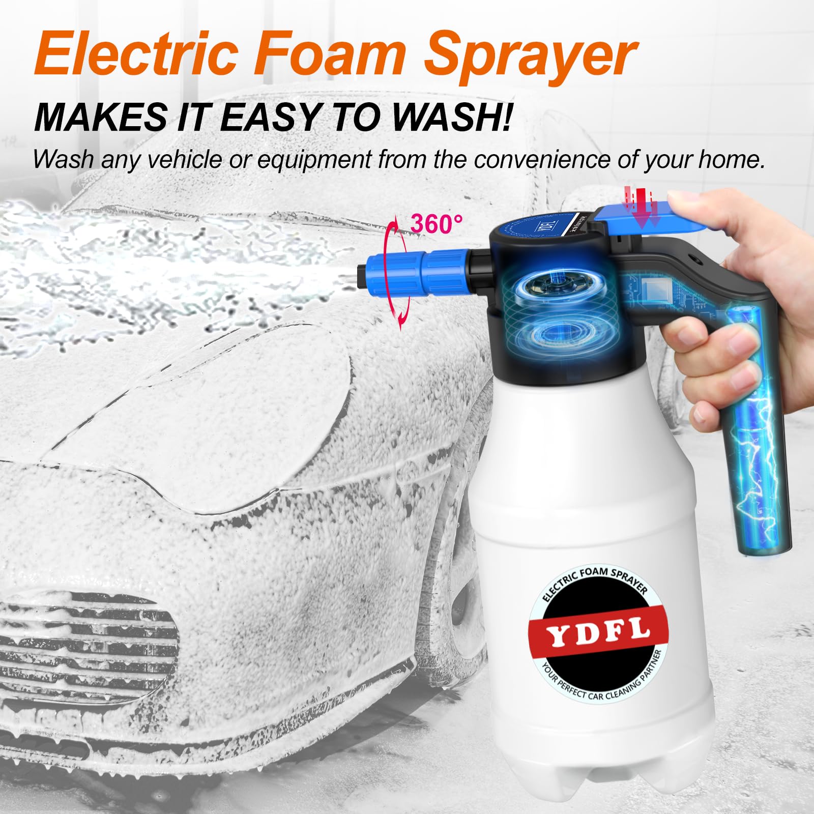 Electric Foam Sprayer with USB Rechargeable Battery - 1.5L Pressurized Car Wash Foam Cannon for Home, Garden & Auto Detailing | Perfect for Washing Cars, Motorcycles, Bikes & Outdoor Cleaning