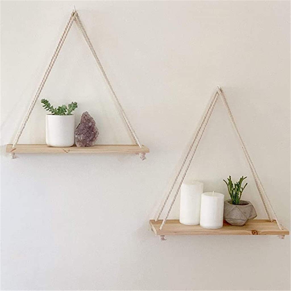 BFTGS 2 Pack Wooden Swing Wall Shelves - Hanging Rope Mounted Plant Shelf for Indoor/Outdoor Decor - Perfect for Flower Pots, Books & Home Decor in Living Room, Bedroom or Garden