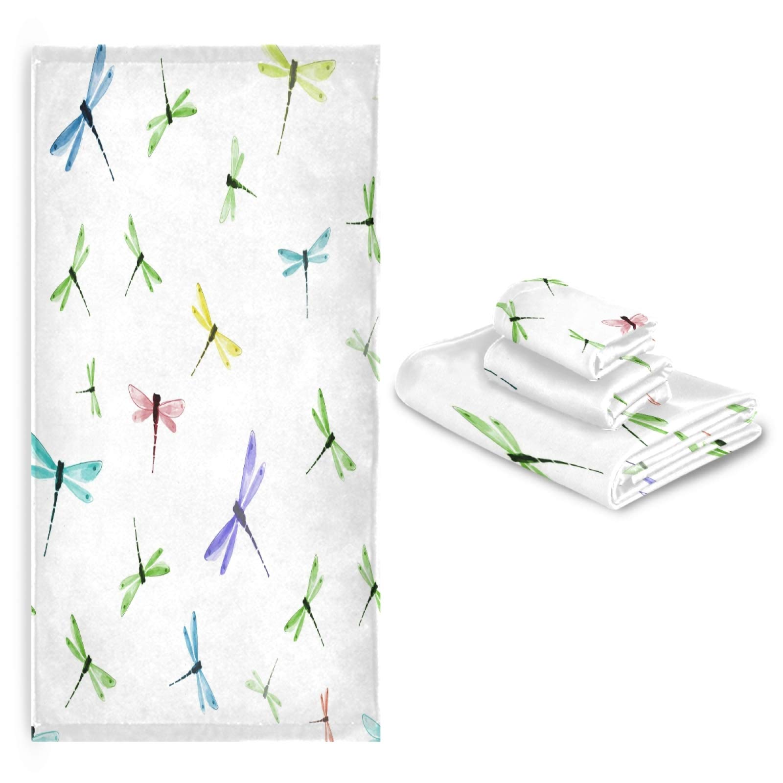 ALAZA 3-Piece Bath Towel Set with Dragonfly Design - 1 Bath Towel, 1 Hand Towel, 1 Washcloth - Ultra Soft & Quick Drying Cotton Towels for Bathroom, Spa, and Guest Room Decor